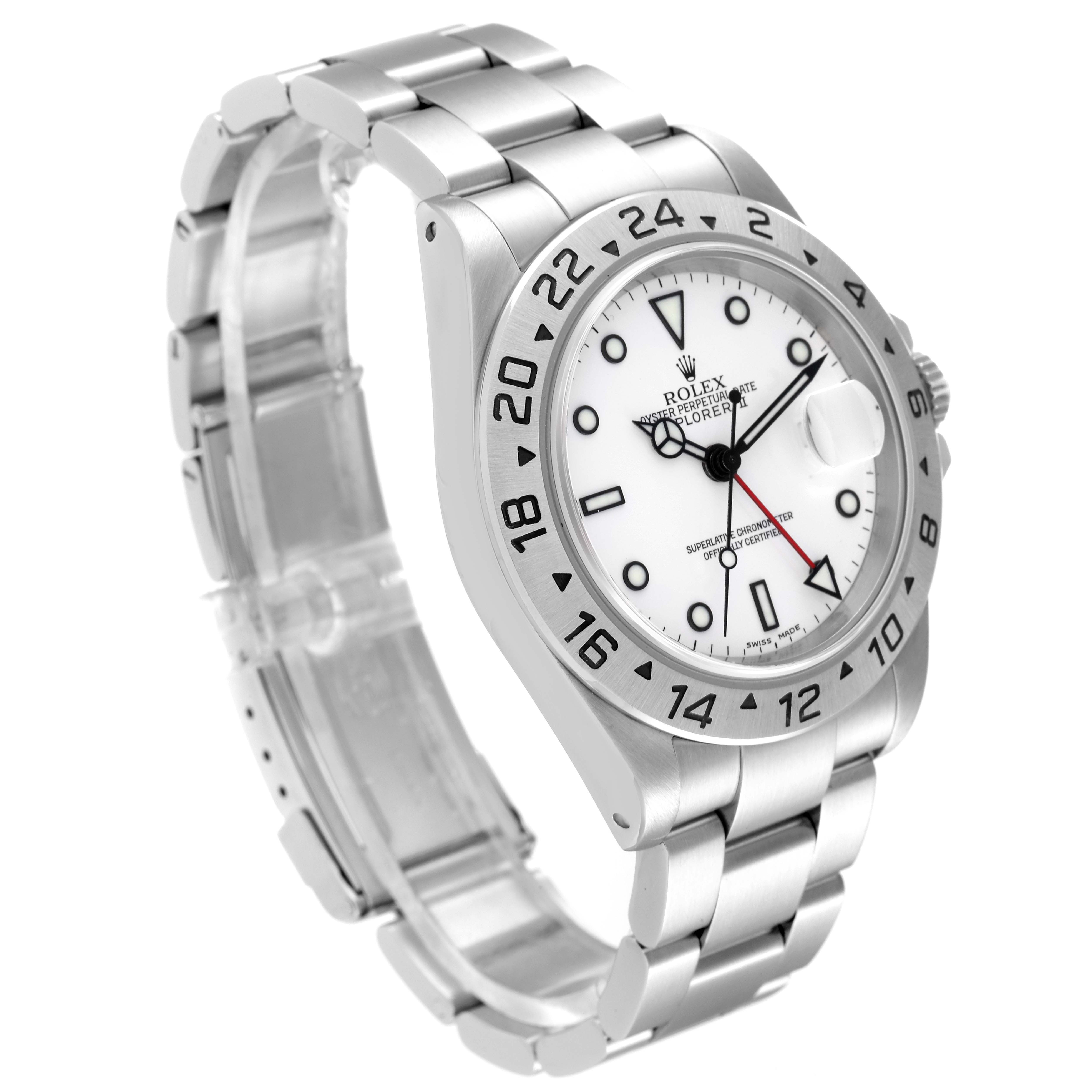 This image shows a three-quarter angle view of a Rolex Explorer 16570 Men's Stainless Steel White Dial 16570 Men's Stainless Steel White Dial watch, highlighting the face, bezel, and bracelet.