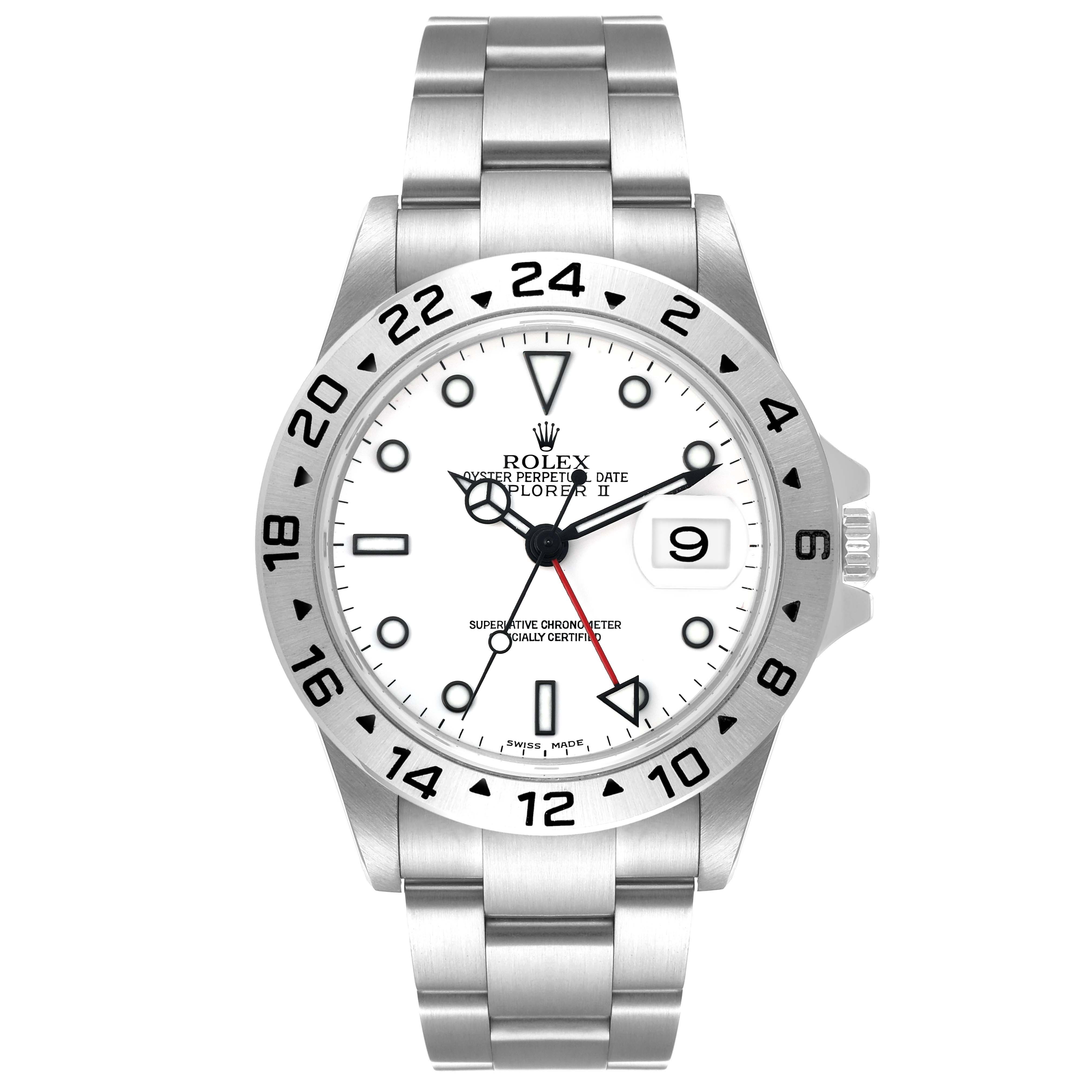 This image shows a frontal view of the Rolex Explorer 16570 Men's Stainless Steel White Dial 16570 Men's Stainless Steel White Dial watch, displaying its dial, bezel, and bracelet.