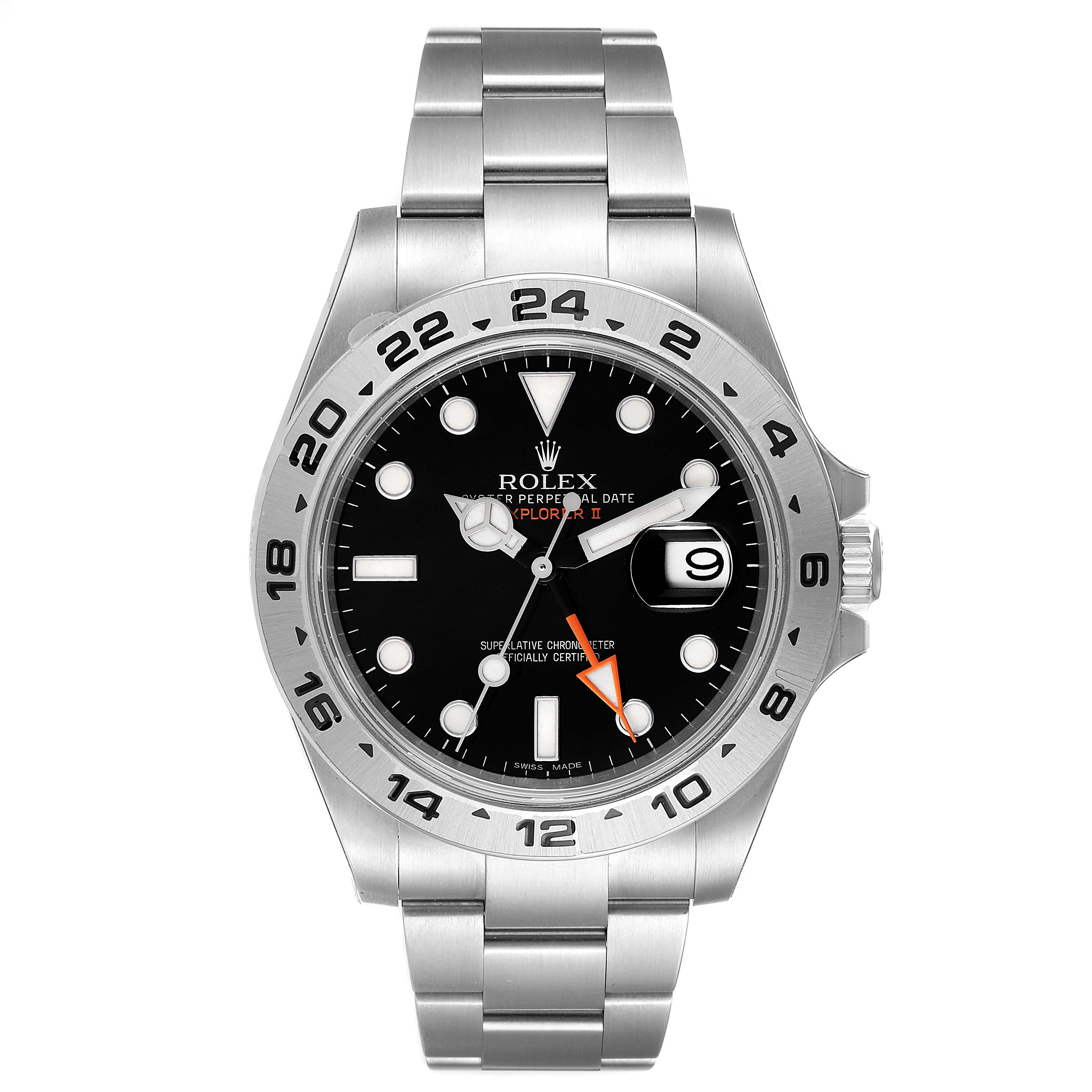 The image shows a front view of the Rolex Explorer 216570 Men's Stainless Steel Black Dial 216570 Men's Stainless Steel Black Dial watch, showcasing its black dial, date window, and stainless steel bracelet.