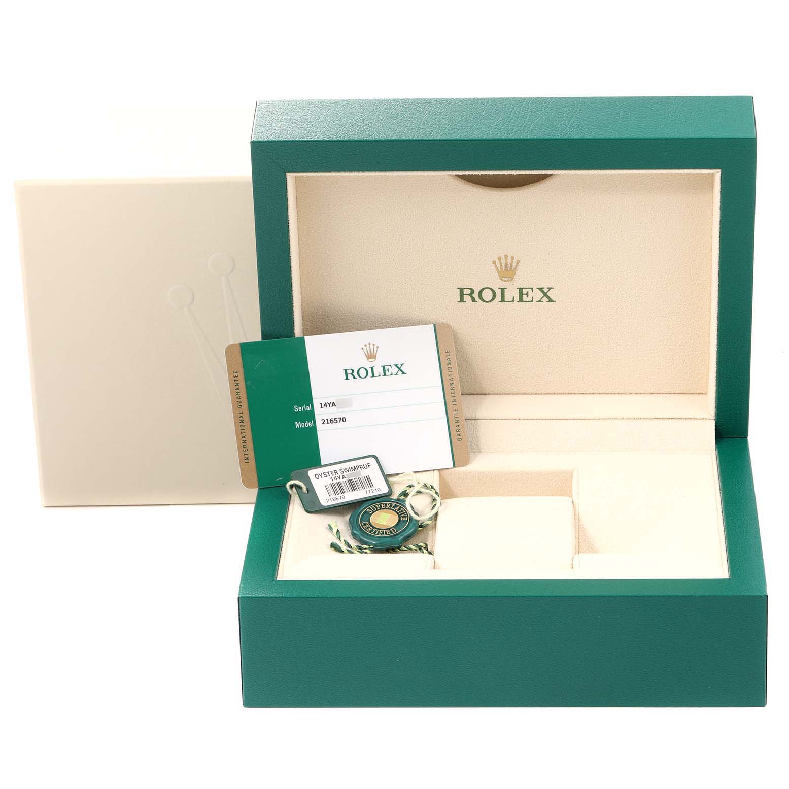This image shows an open Rolex Explorer 216570 Men's Stainless Steel Black Dial 216570 Men's Stainless Steel Black Dial watch box with papers and tags visible from a front angle.