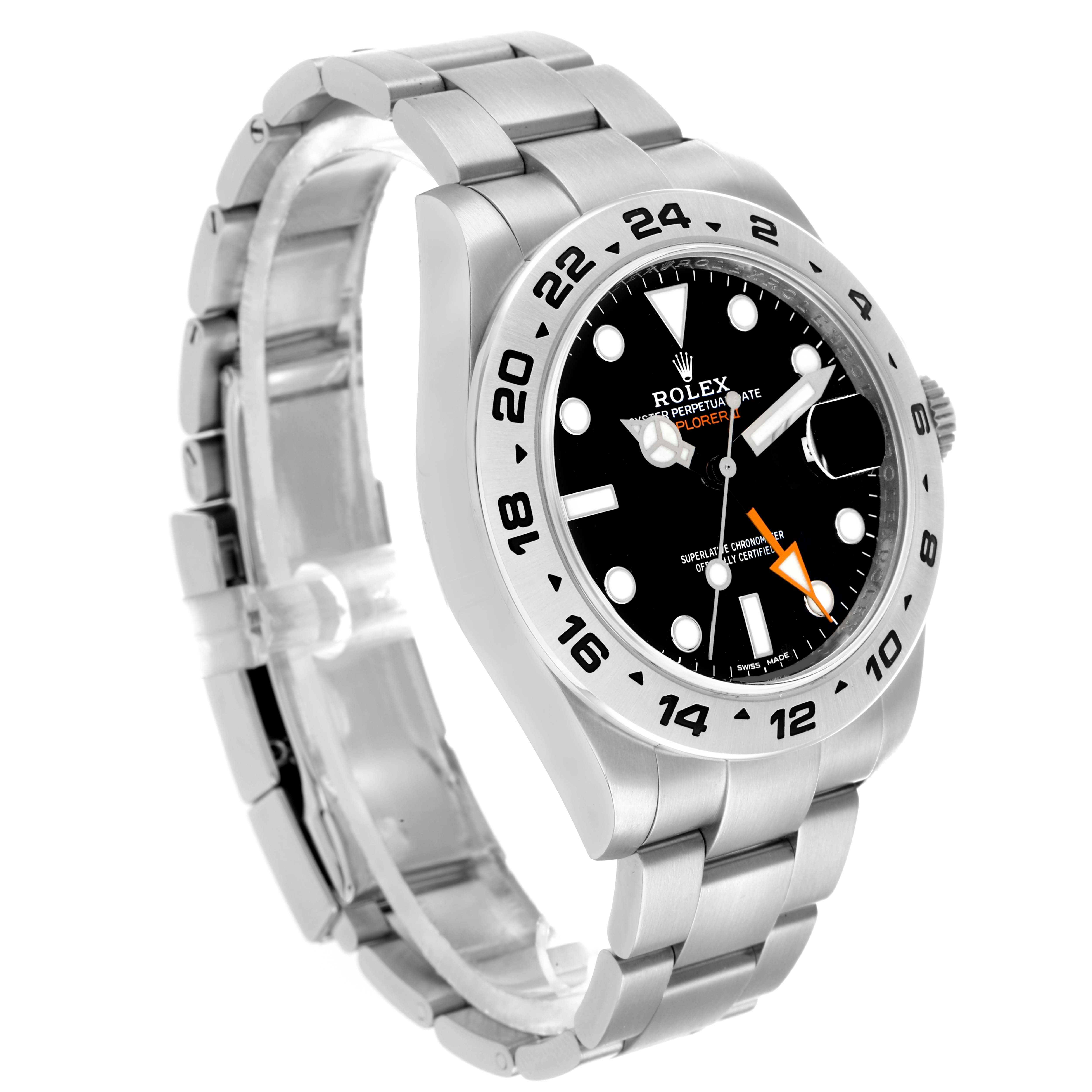 The Rolex Explorer 216570 Men's Stainless Steel Black Dial model watch is shown at a three-quarter angle, highlighting the bezel, dial, bracelet, and crown.