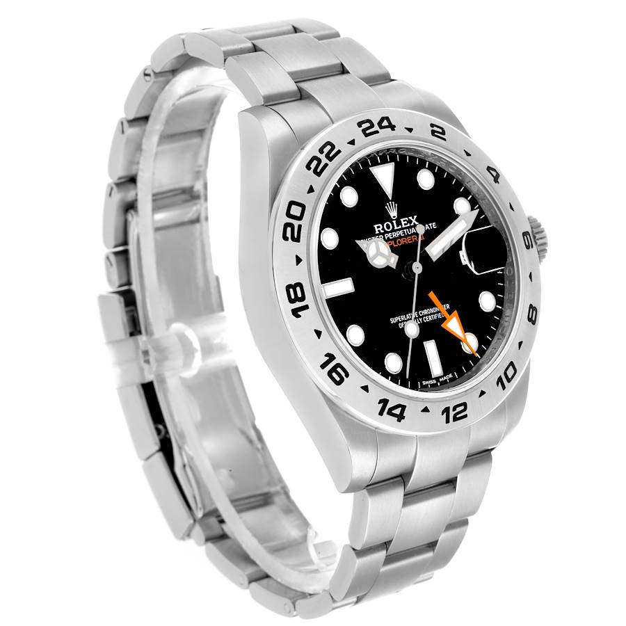 The Rolex Explorer 216570 Men's Stainless Steel Black Dial model watch is shown at a three-quarter angle, highlighting the bezel, dial, bracelet, and crown.