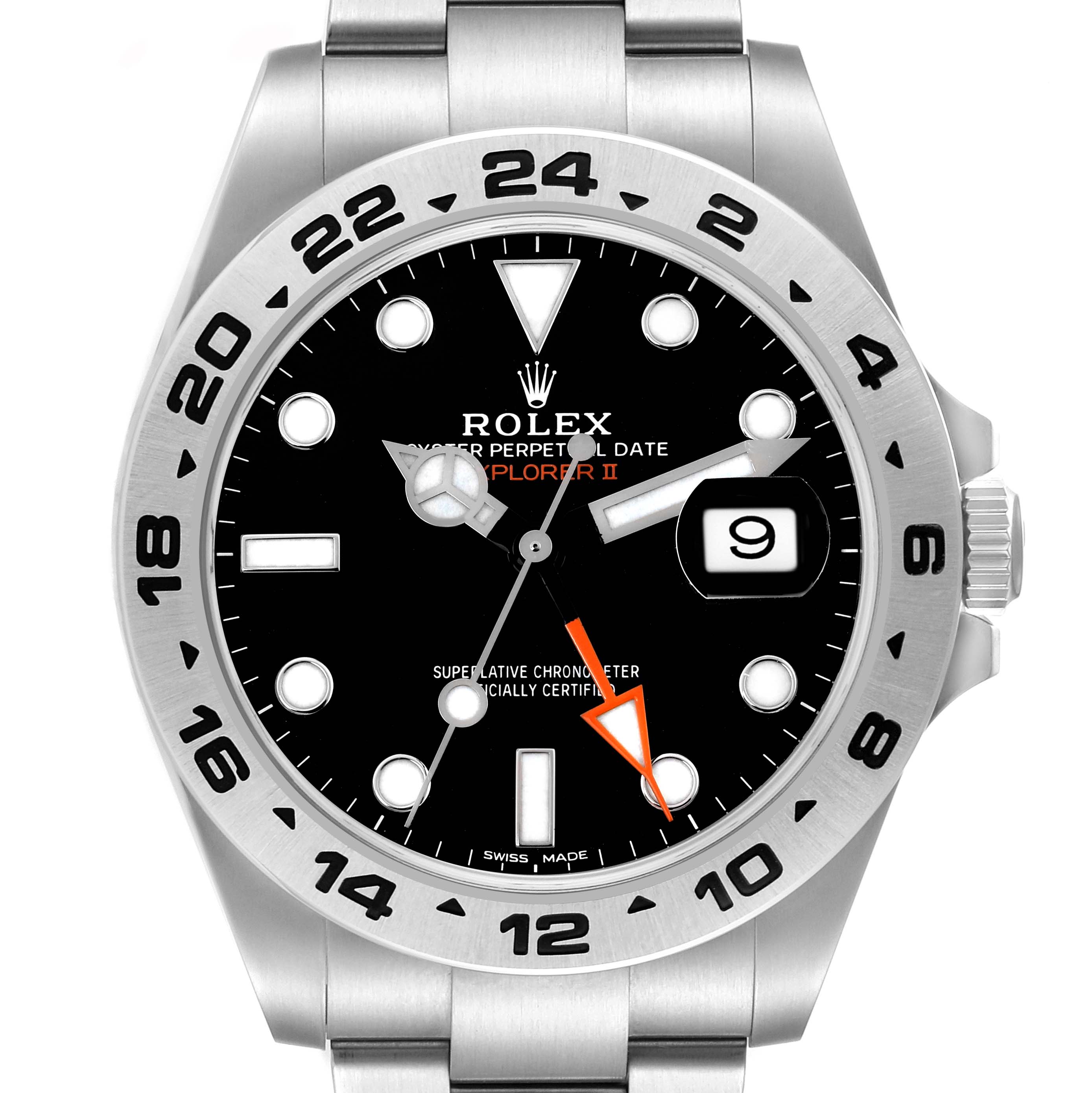 The Rolex Explorer 216570 Men's Stainless Steel Black Dial II watch is shown from a front angle, highlighting the dial, bezel, crown, and part of the bracelet.