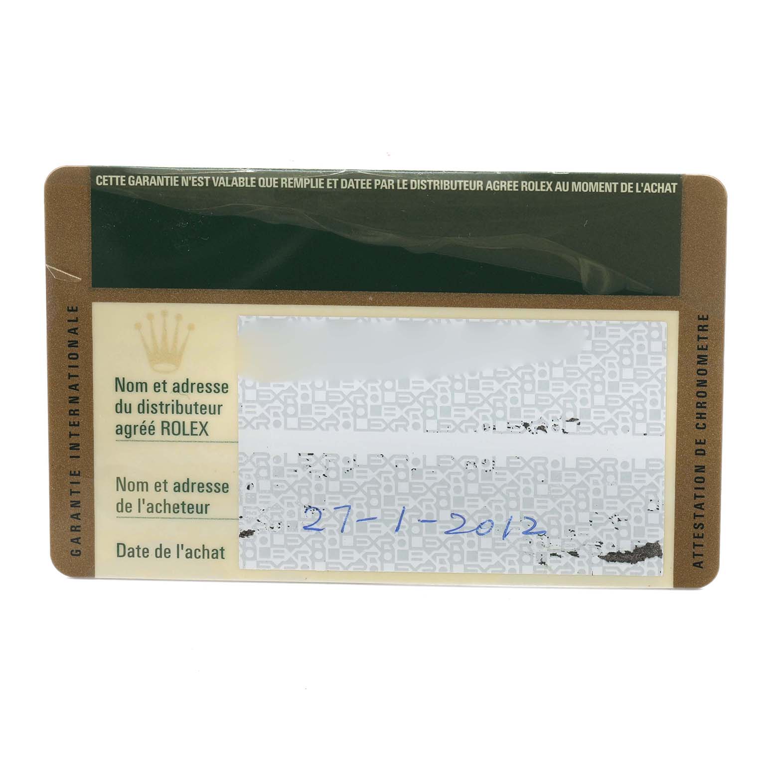 This image features the warranty card for a Rolex Explorer 216570 Men's Stainless Steel Black Dial watch, displaying dealer and purchase information.