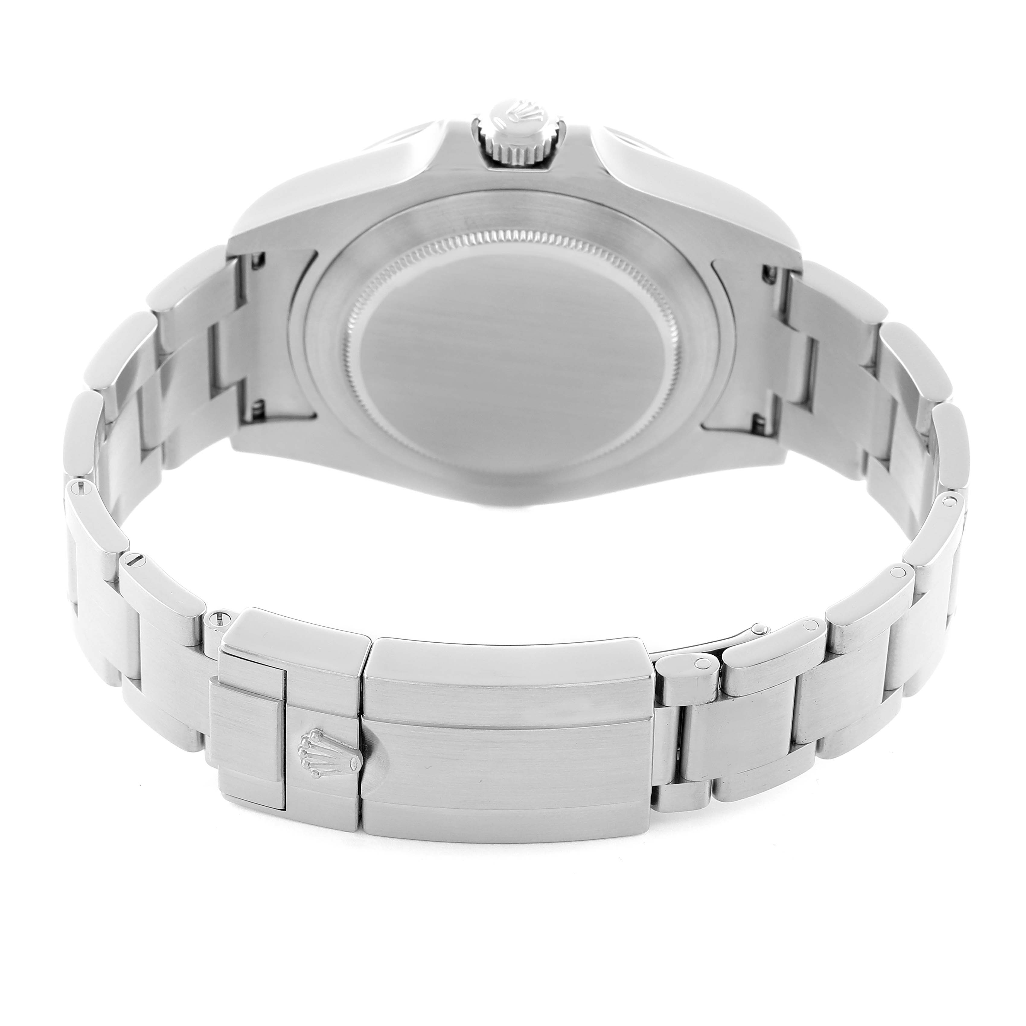 The image shows the back view of a Rolex Explorer 216570 Men's Stainless Steel Black Dial watch, highlighting the case back and the bracelet clasp.