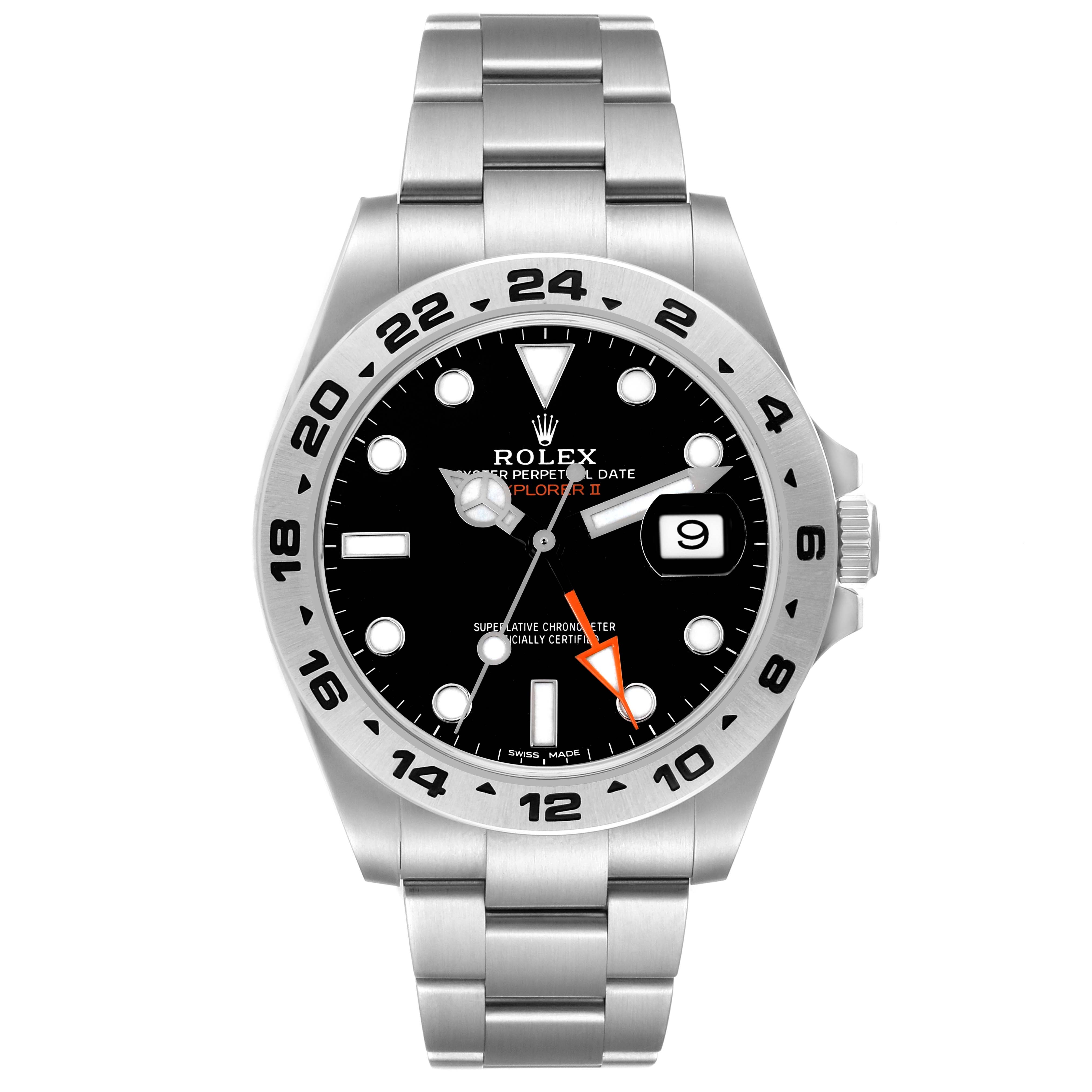 The Rolex Explorer 216570 Men's Stainless Steel Black Dial watch is shown from the front, displaying the dial, bezel, crown, and bracelet.