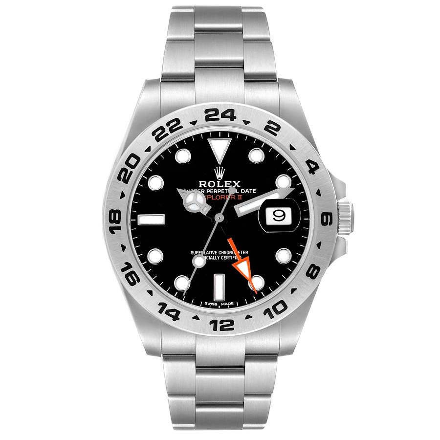 The Rolex Explorer 216570 Men's Stainless Steel Black Dial watch is shown from the front, displaying the dial, bezel, crown, and bracelet.