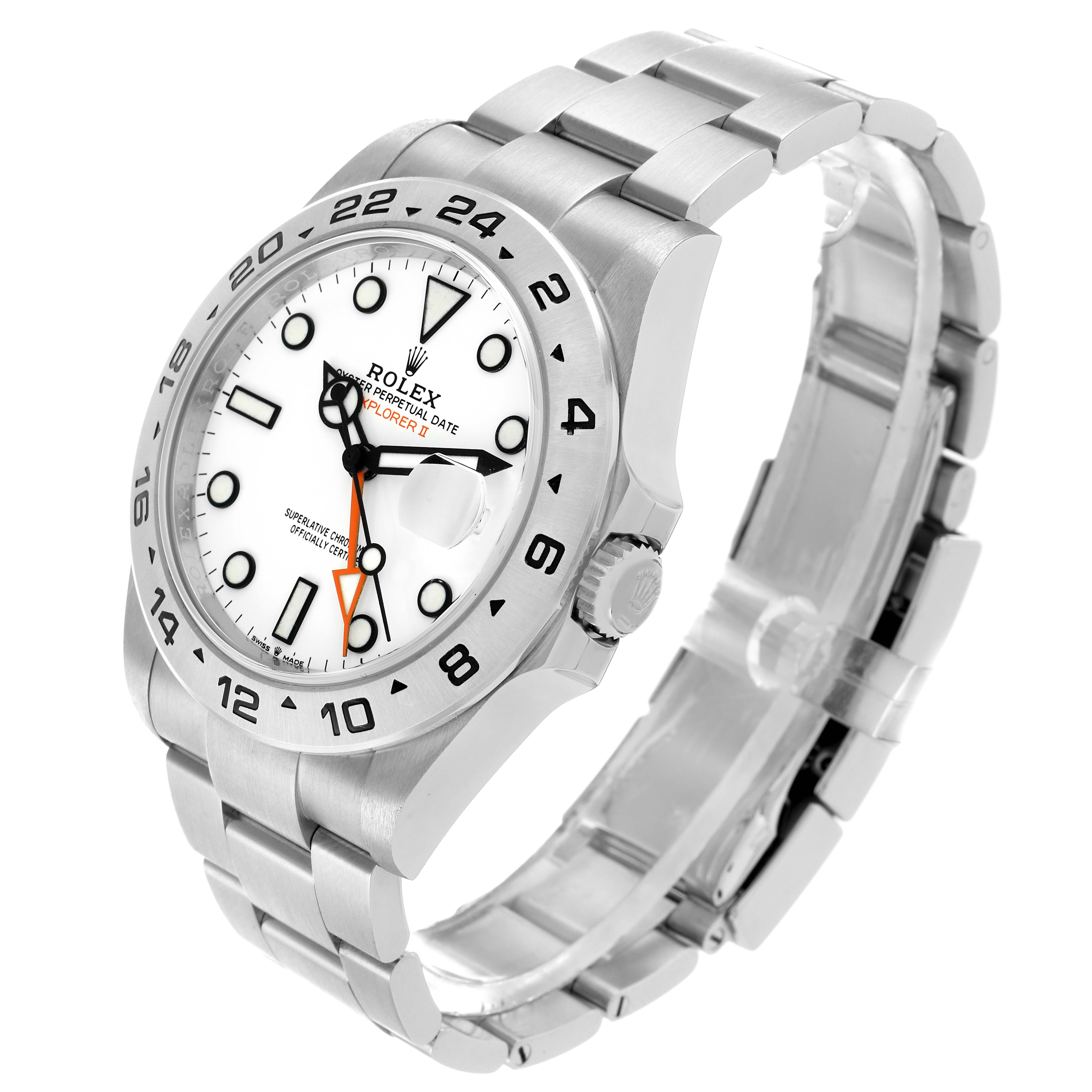 The Rolex Explorer 226570 Men
s Stainless Steel White Dial model is shown at a slight angle, displaying the face, bezel, crown, and bracelet.