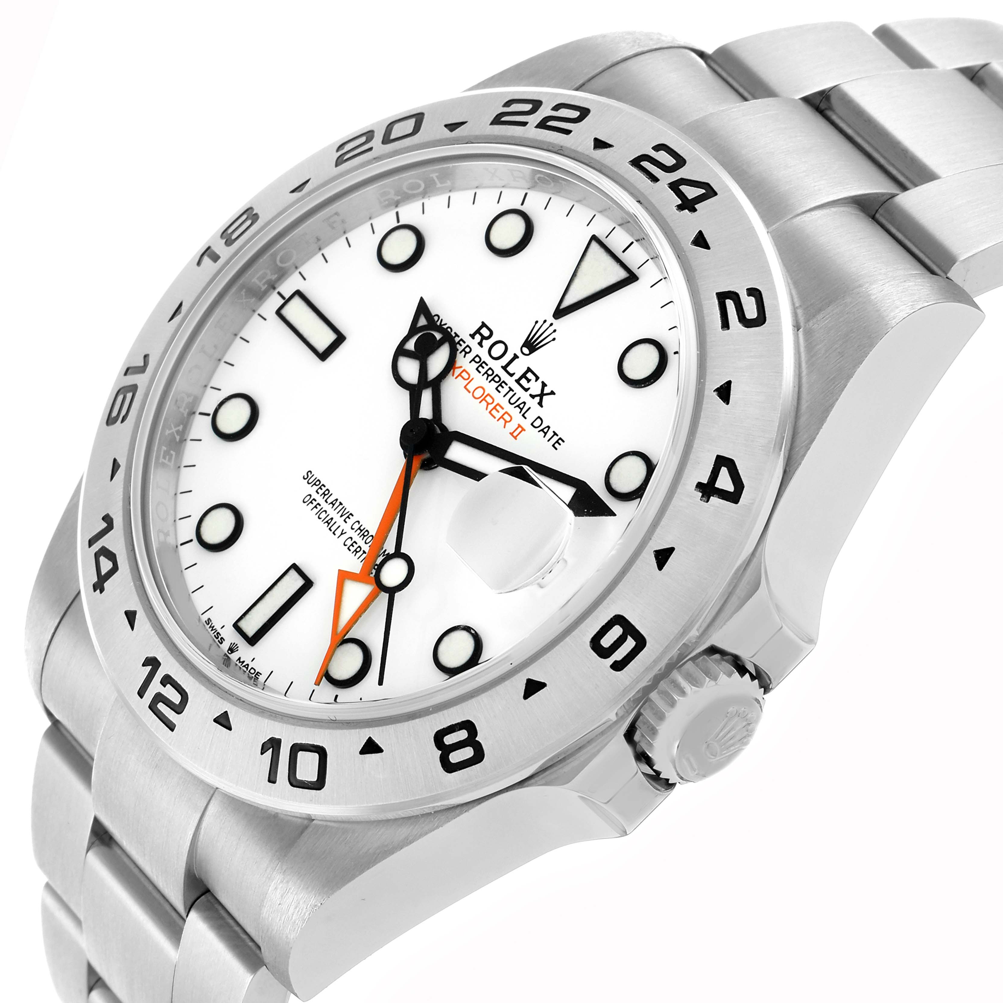 The image shows a Rolex Explorer 226570 Men
s Stainless Steel White Dial II watch at an angled view, highlighting the face, bezel, crown, and bracelet.