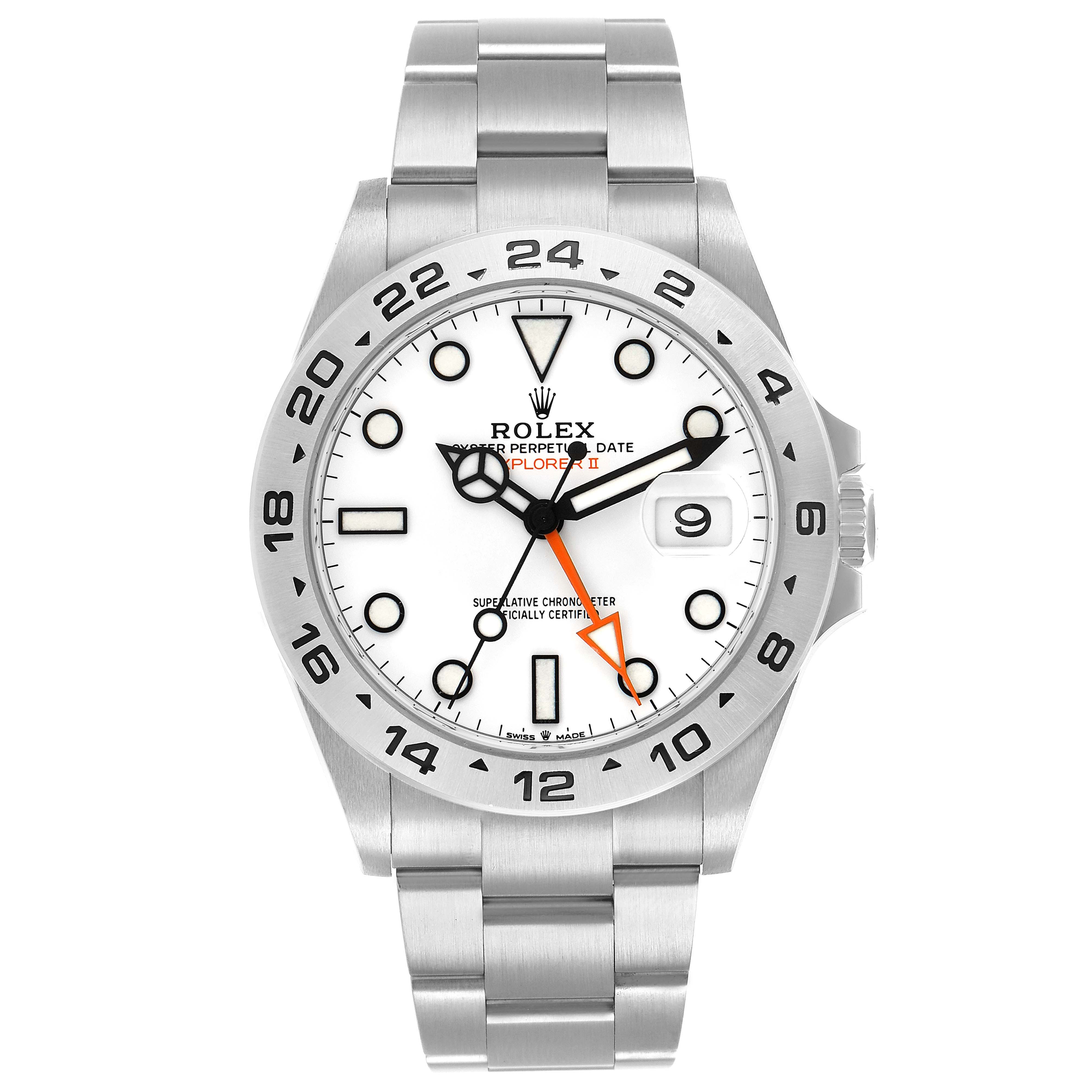 The image shows a front view of a Rolex Explorer 226570 Men
s Stainless Steel White Dial II watch, highlighting its face, hands, bezel, and bracelet.