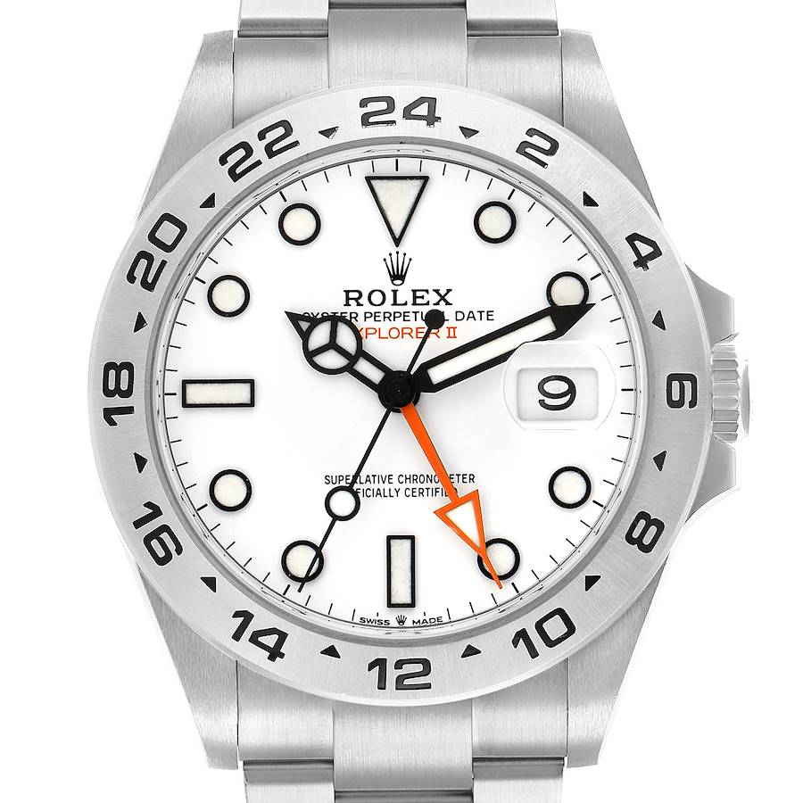 The Rolex Explorer 226570 Men's Stainless Steel White Dial watch is shown from a front angle, displaying the face, bezel, hands, and bracelet.