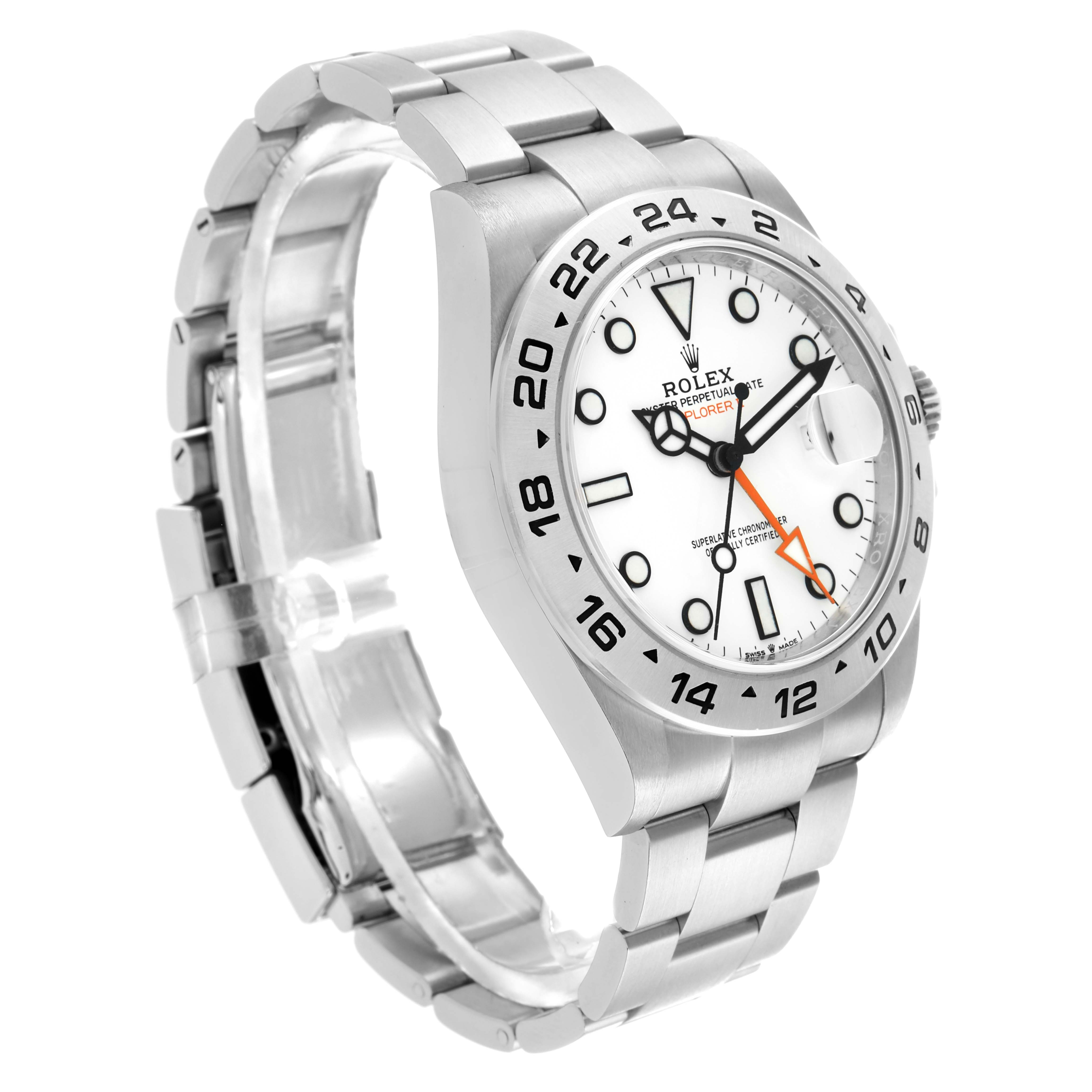 The Rolex Explorer 226570 Men
s Stainless Steel White Dial model watch is shown at an angled side view, displaying the dial, bezel, and metal bracelet.
