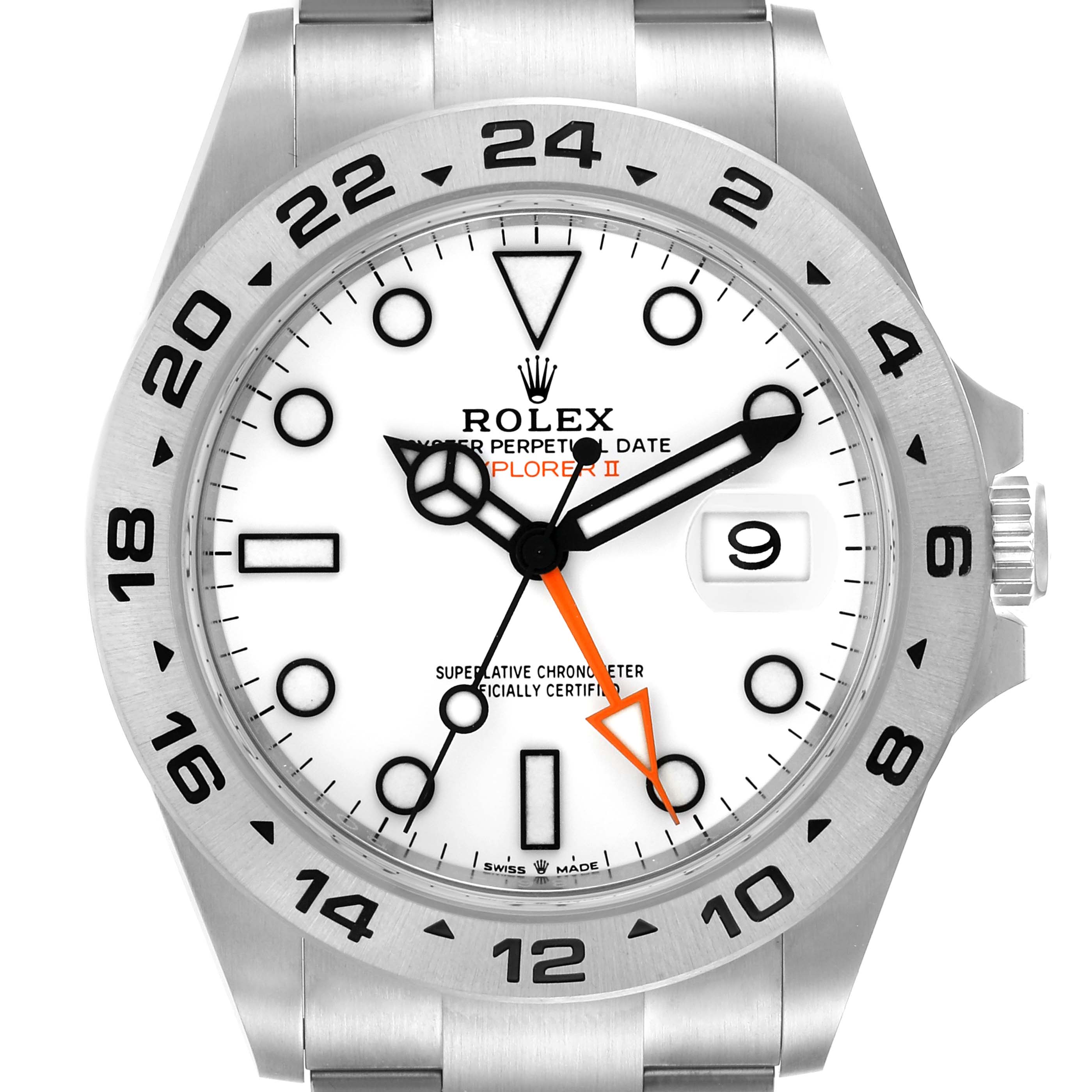 This image shows a front view of a Rolex Explorer 226570 Men
s Stainless Steel White Dial 226570 Men
s Stainless Steel White Dial watch with a white dial, black markers, and an orange 24-hour hand.