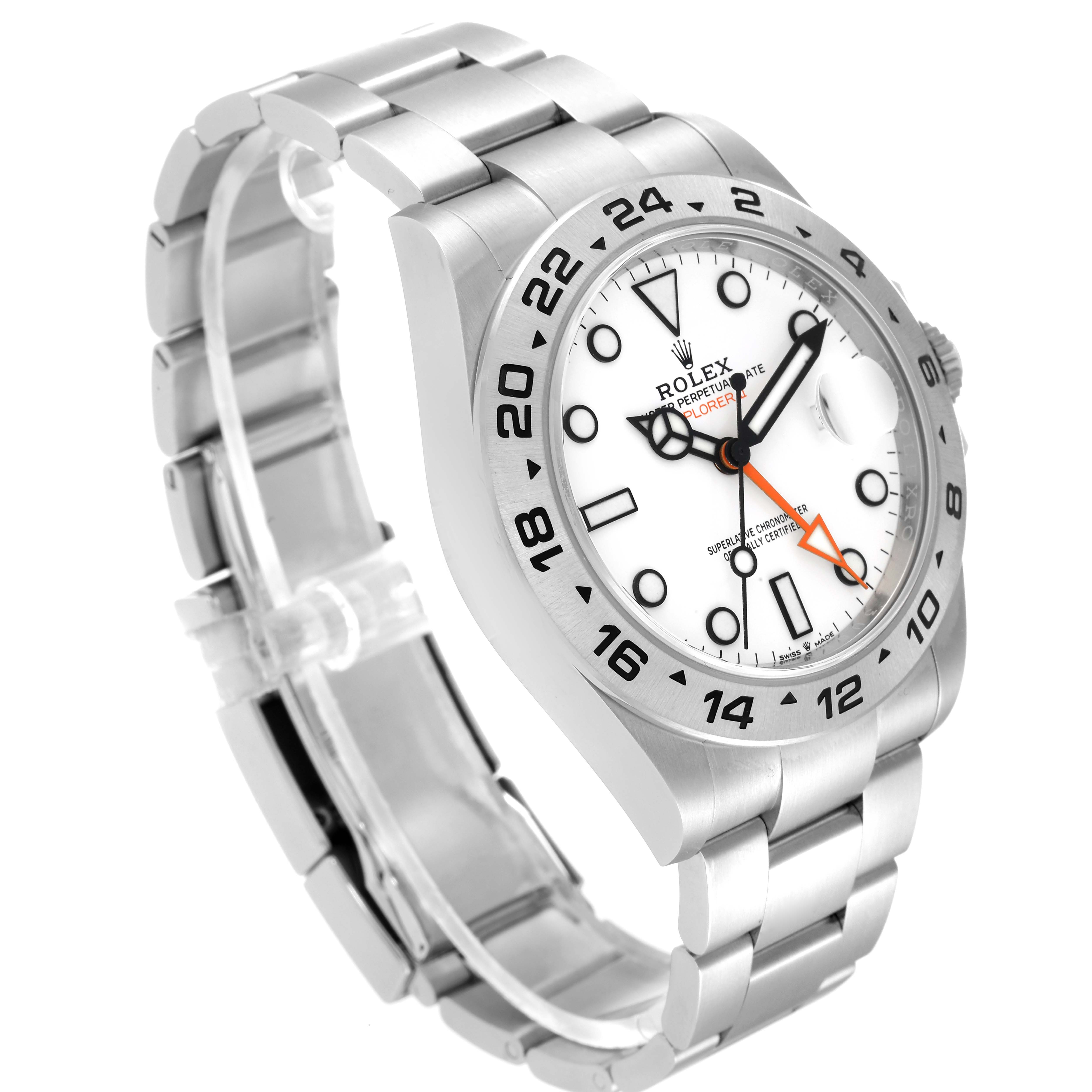 The image shows a Rolex Explorer 226570 Men
s Stainless Steel White Dial 226570 Men
s Stainless Steel White Dial model watch at a slight angle, highlighting the face, bezel, and bracelet.