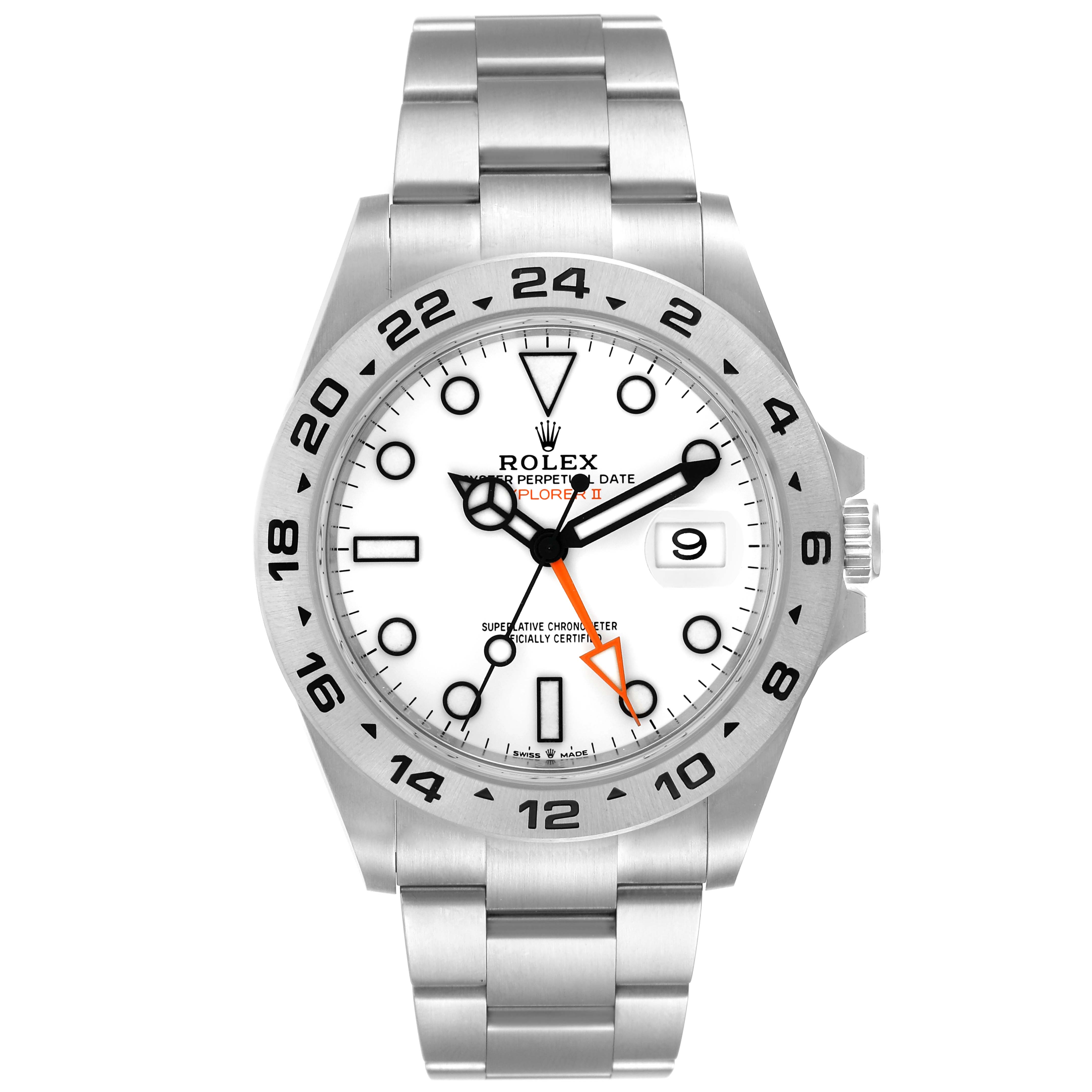 The image shows a front view of the Rolex Explorer 226570 Men
s Stainless Steel White Dial 226570 Men
s Stainless Steel White Dial watch, displaying its dial, hands, bezel, and bracelet.