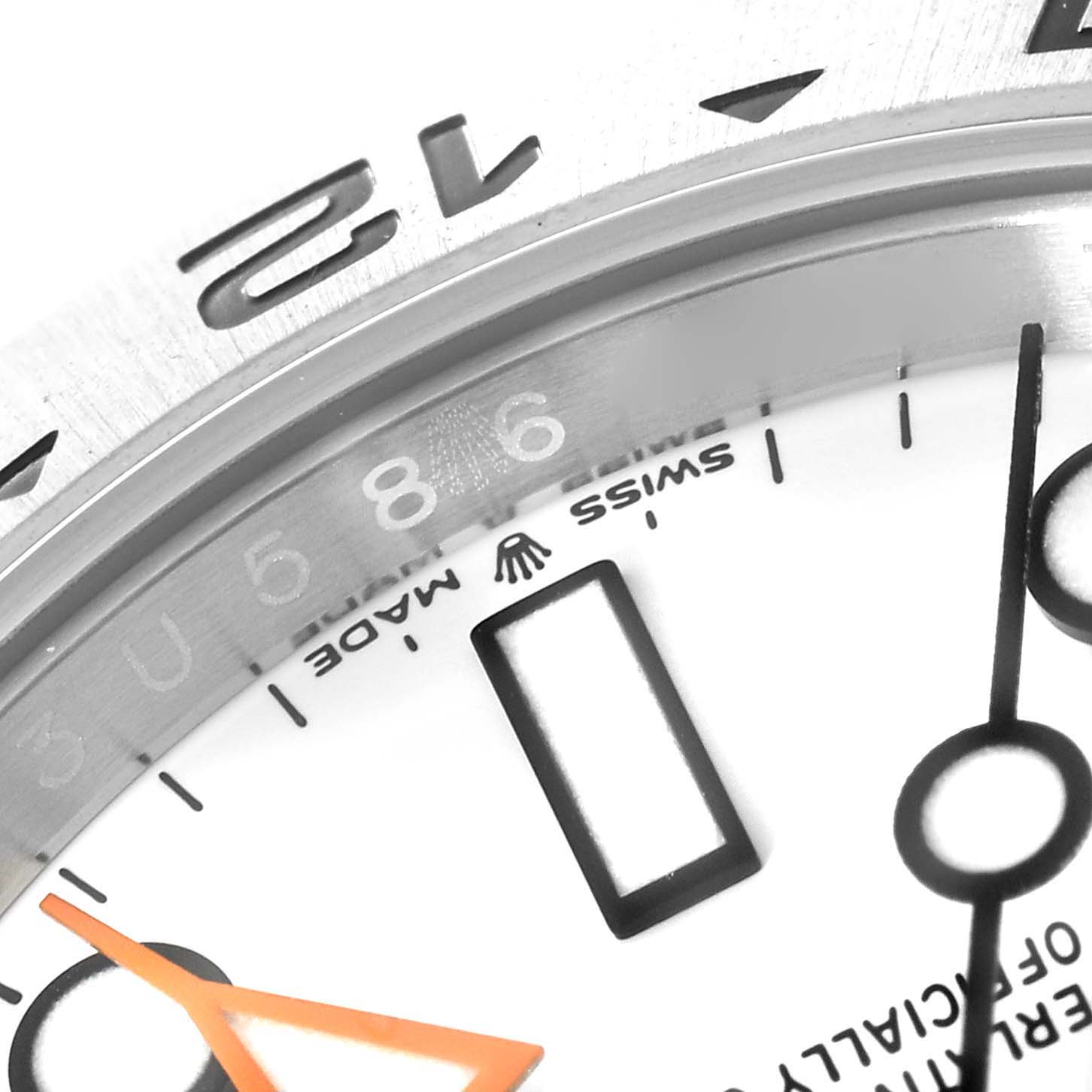 The image shows a close-up of the dial and part of the bezel of a Rolex Explorer 226570 Men
s Stainless Steel White Dial 226570 Men
s Stainless Steel White Dial watch.