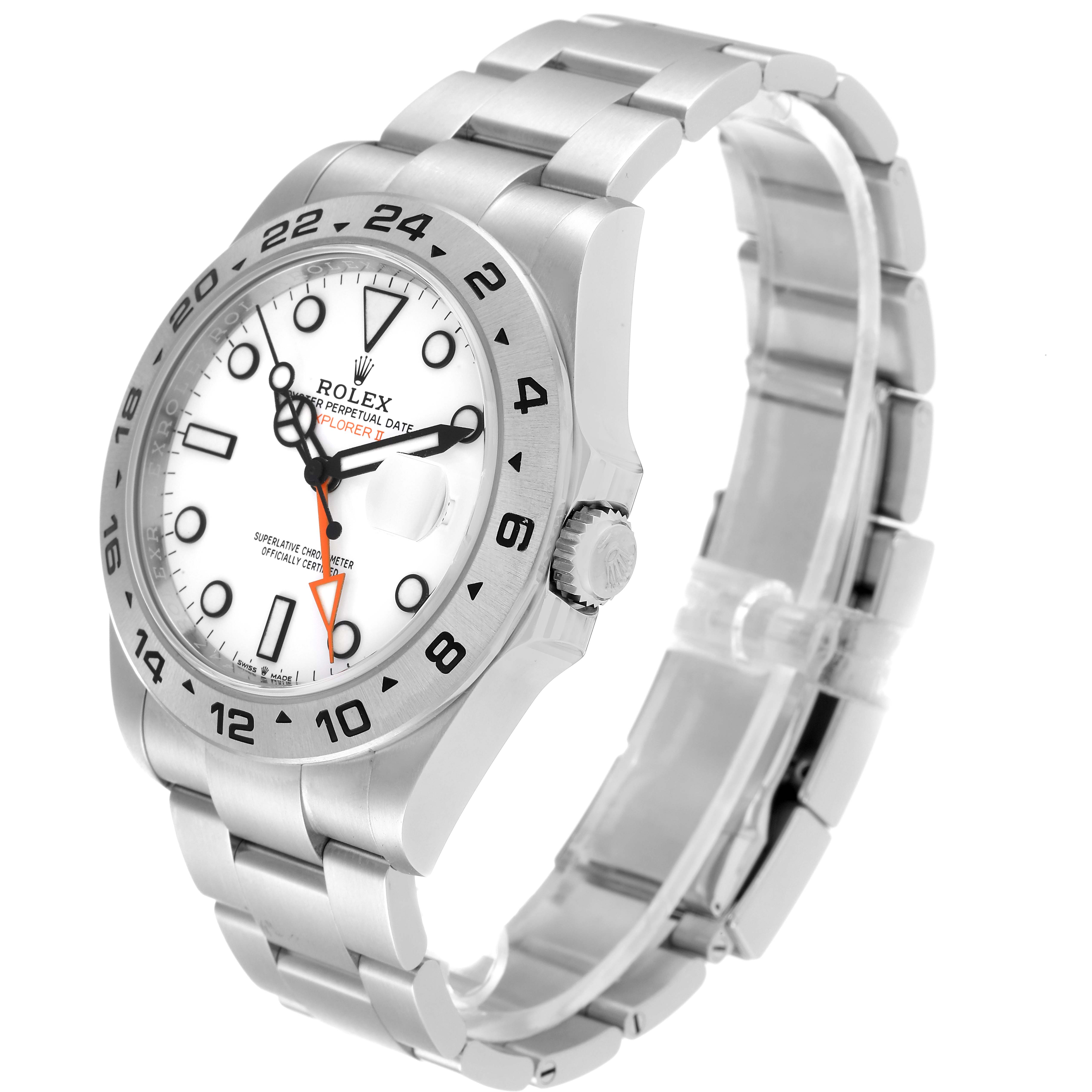 The image shows a Rolex Explorer 226570 Men
s Stainless Steel White Dial 226570 Men
s Stainless Steel White Dial watch from a three-quarter angle, highlighting the face, bezel, crown, and bracelet.
