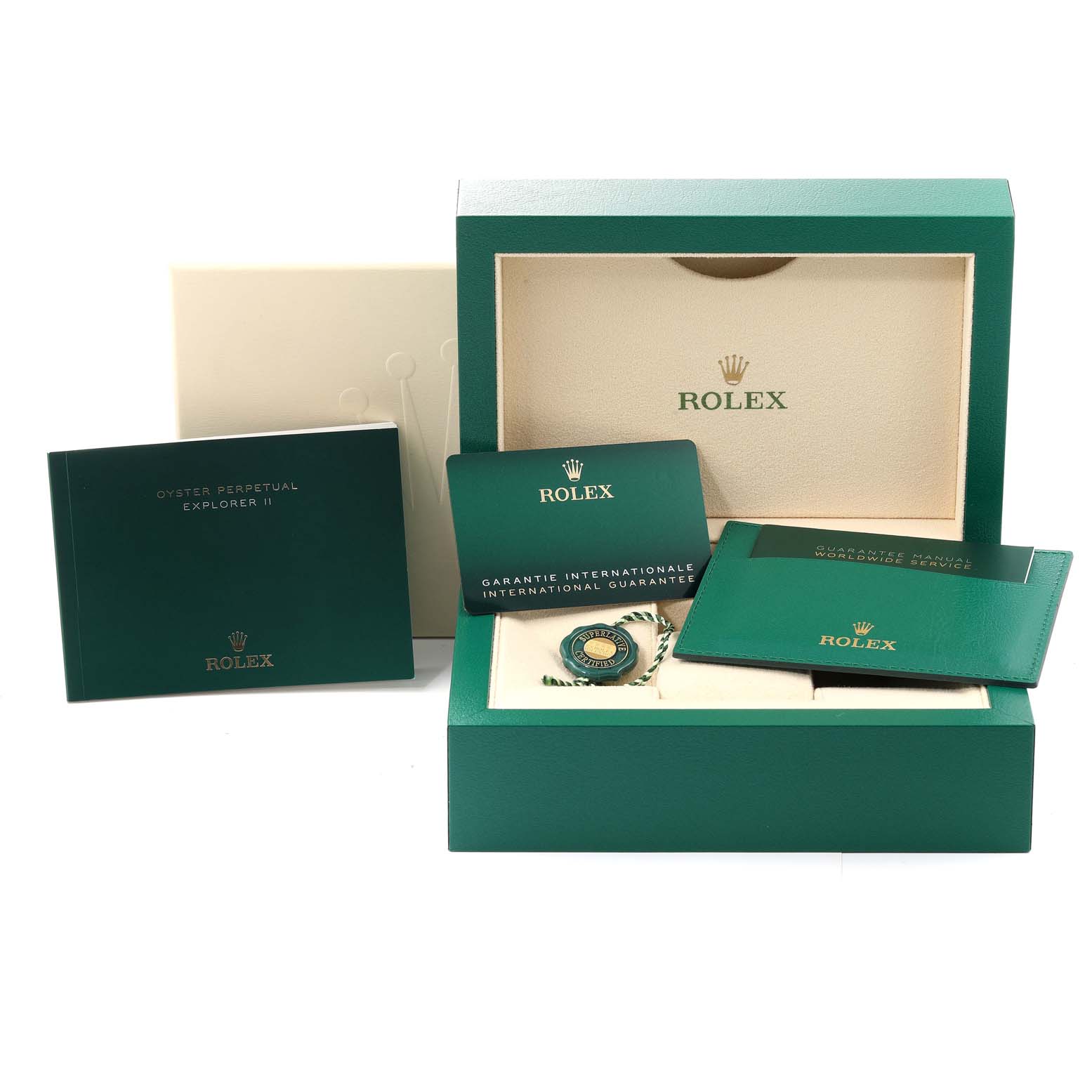 The image shows the Rolex Explorer 226570 Men
s Stainless Steel White Dial 226570 Men
s Stainless Steel White Dial packaging, including the box, manual, guarantee card, and other accessories.