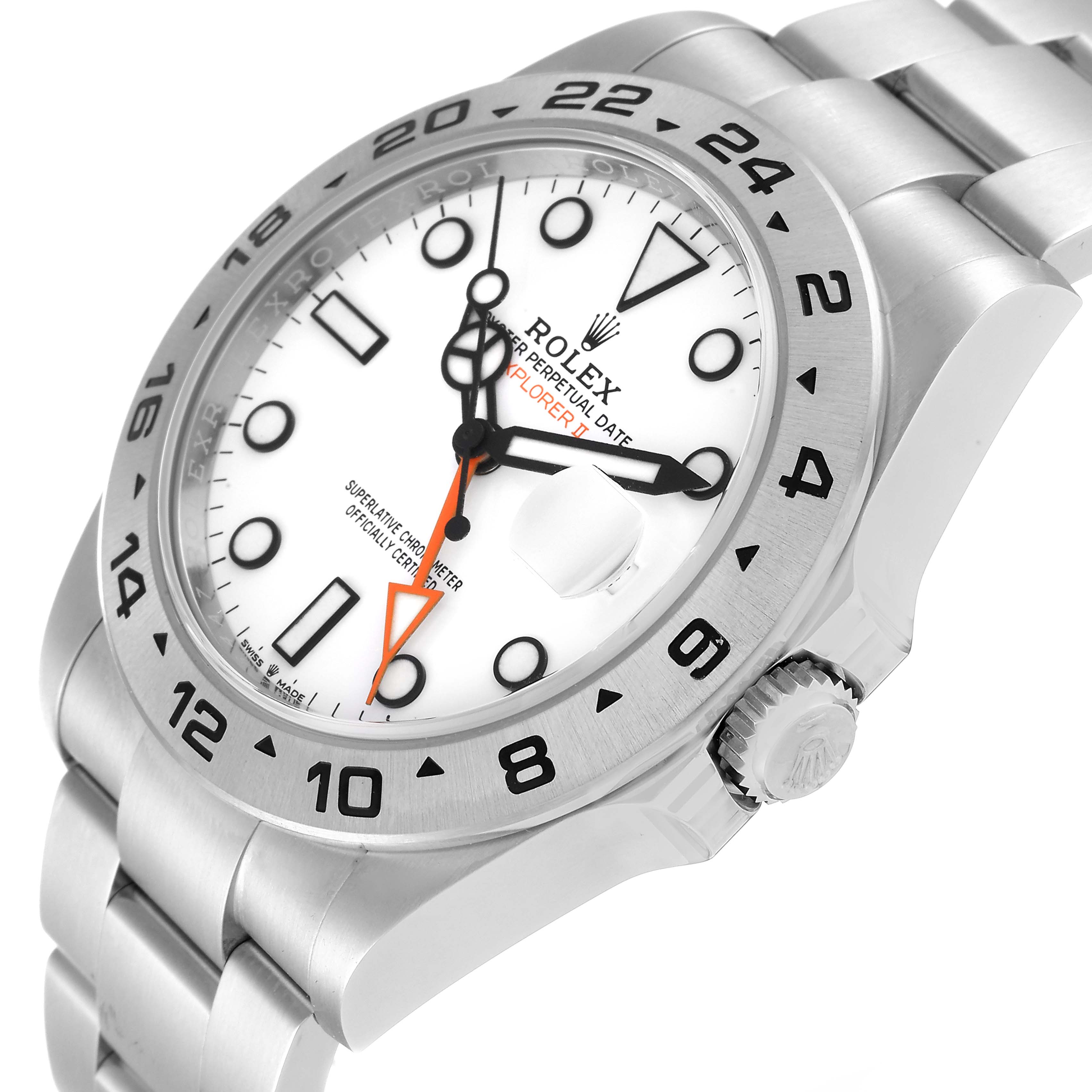 This image shows the Rolex Explorer 226570 Men
s Stainless Steel White Dial 226570 Men
s Stainless Steel White Dial watch from an oblique angle, highlighting the dial, bezel, crown, and bracelet.