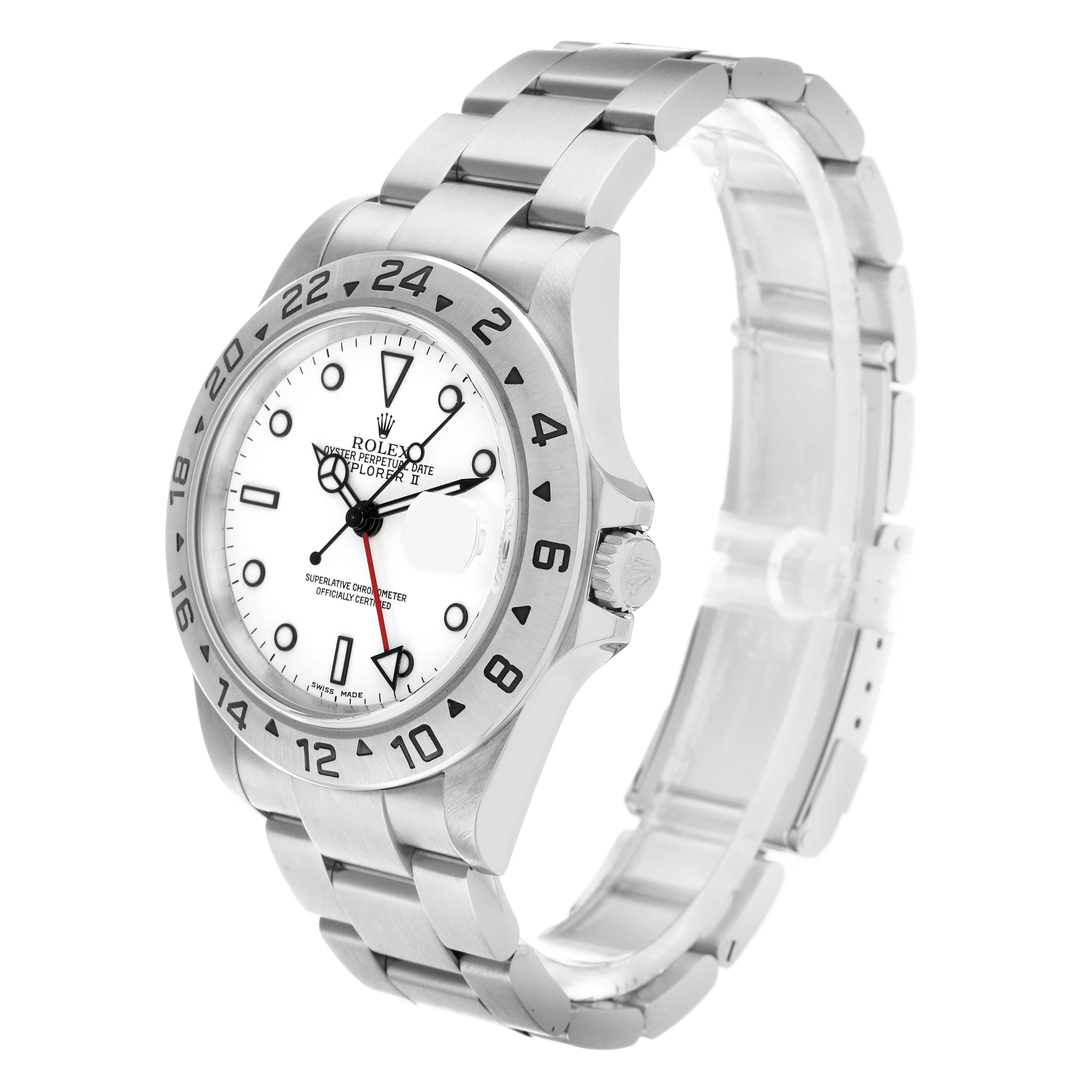 The Rolex Explorer 16570 Men
s Stainless Steel White Dial model is shown at a slight angle, highlighting the watch face, bezel, and bracelet.