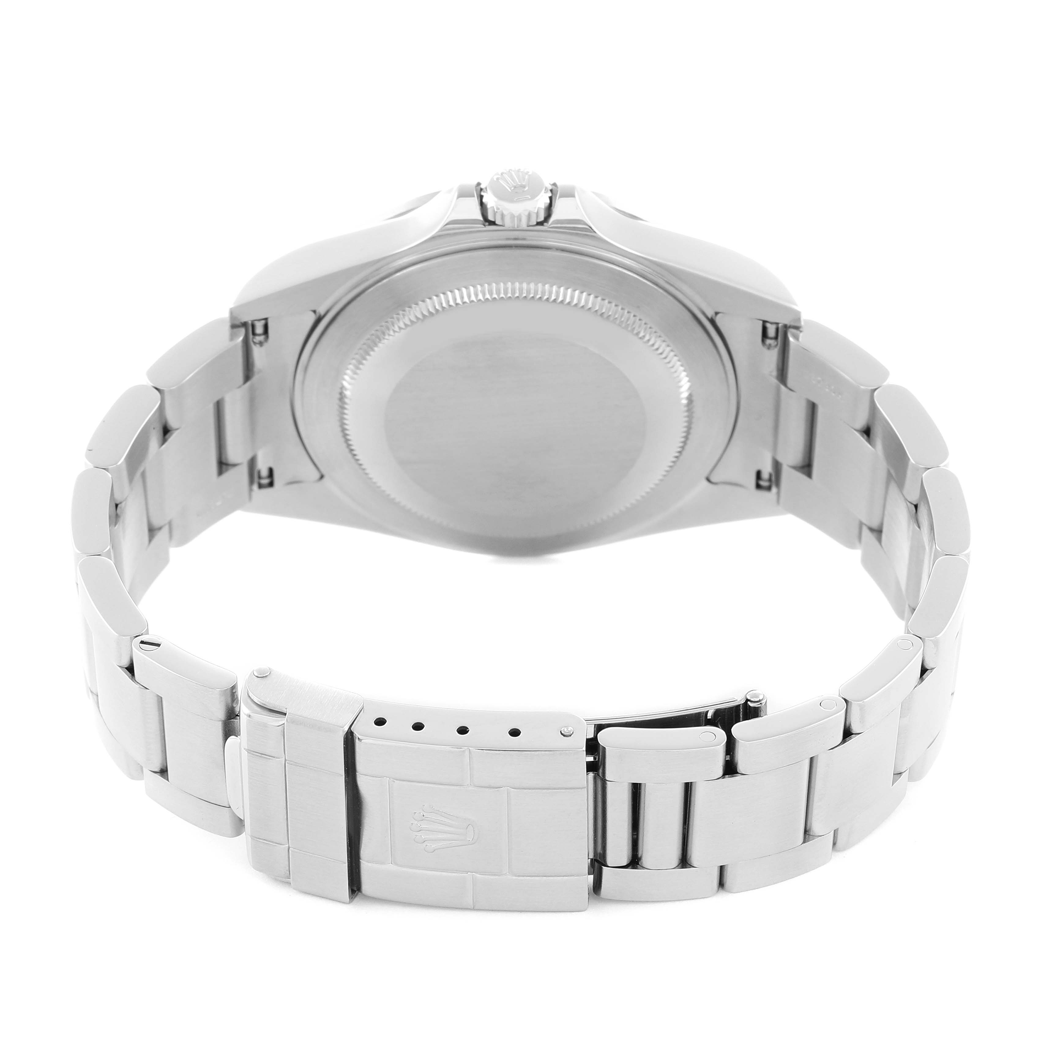 The image shows the back of the Rolex Explorer 16570 Men
s Stainless Steel White Dial watch, including the case back, bracelet, and clasp.