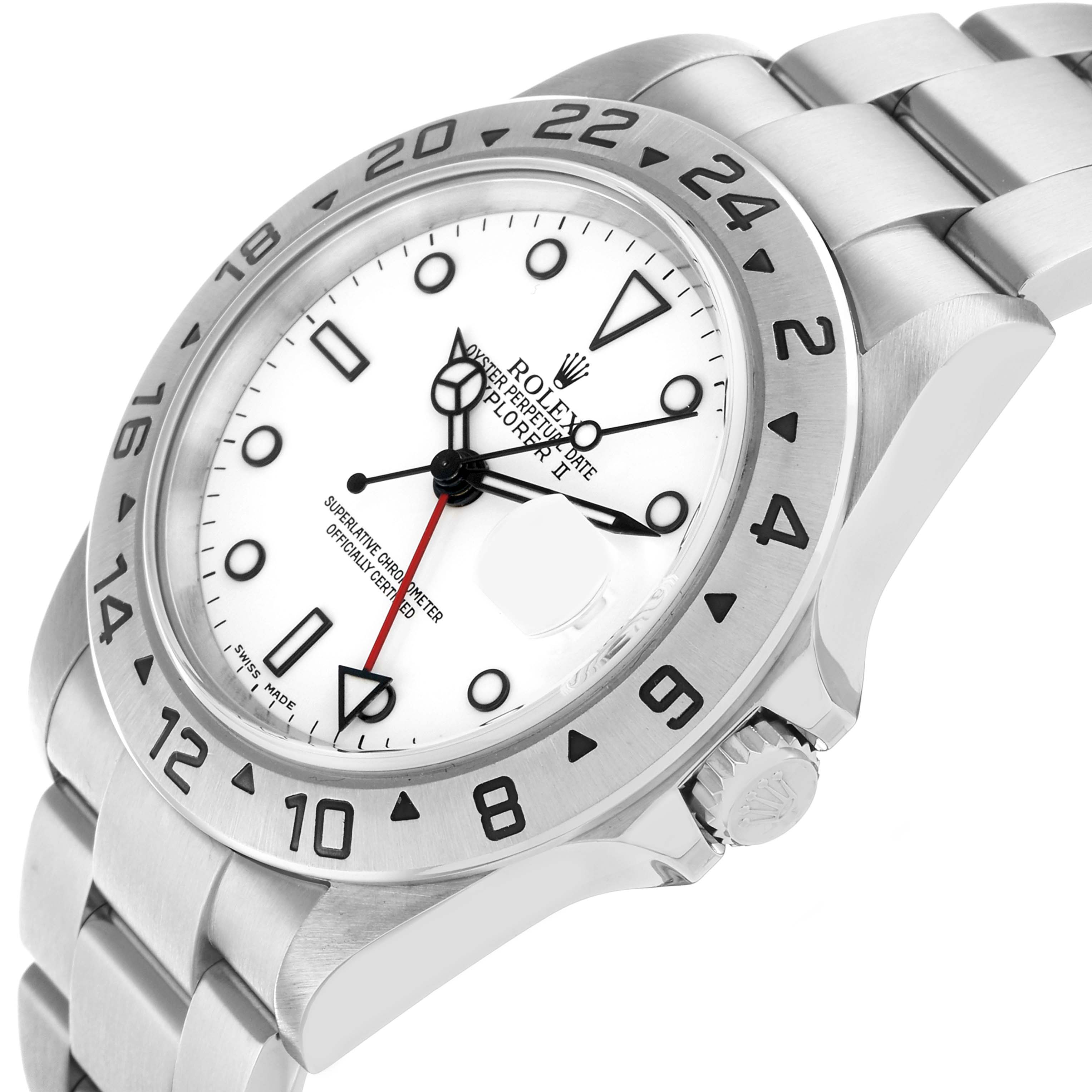 The Rolex Explorer 16570 Men
s Stainless Steel White Dial watch is shown from a three-quarter angle, highlighting the bezel, crown, and bracelet.