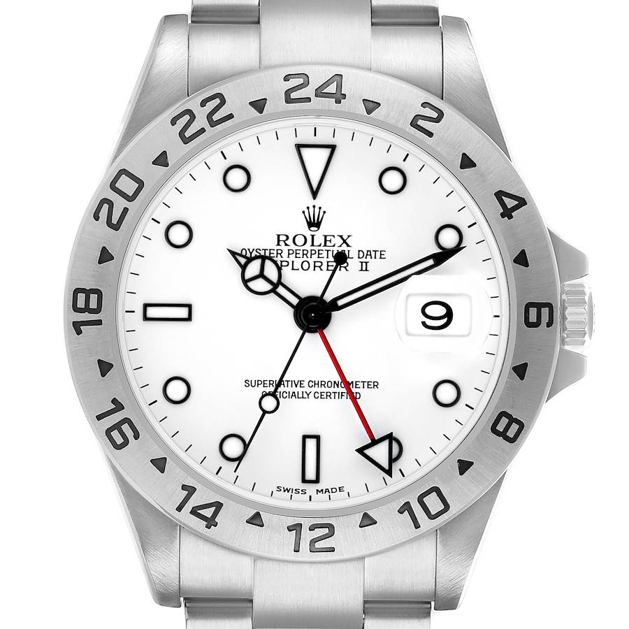 The Rolex Explorer 16570 Men's Stainless Steel White Dial II watch is shown from a front angle, displaying the dial, bezel, and part of the bracelet.