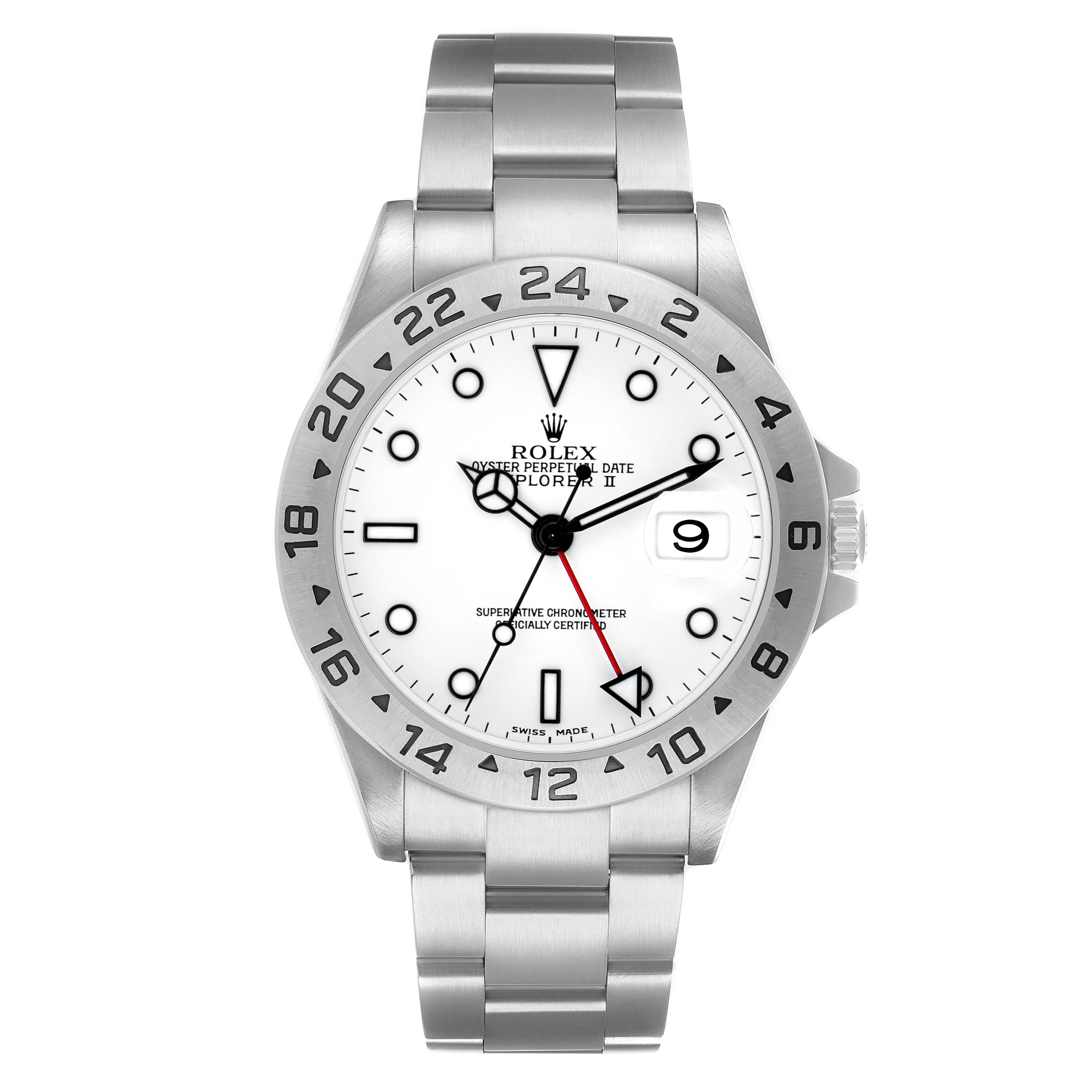 The Rolex Explorer 16570 Men
s Stainless Steel White Dial watch is shown from a front view, highlighting its dial, bezel, and bracelet.