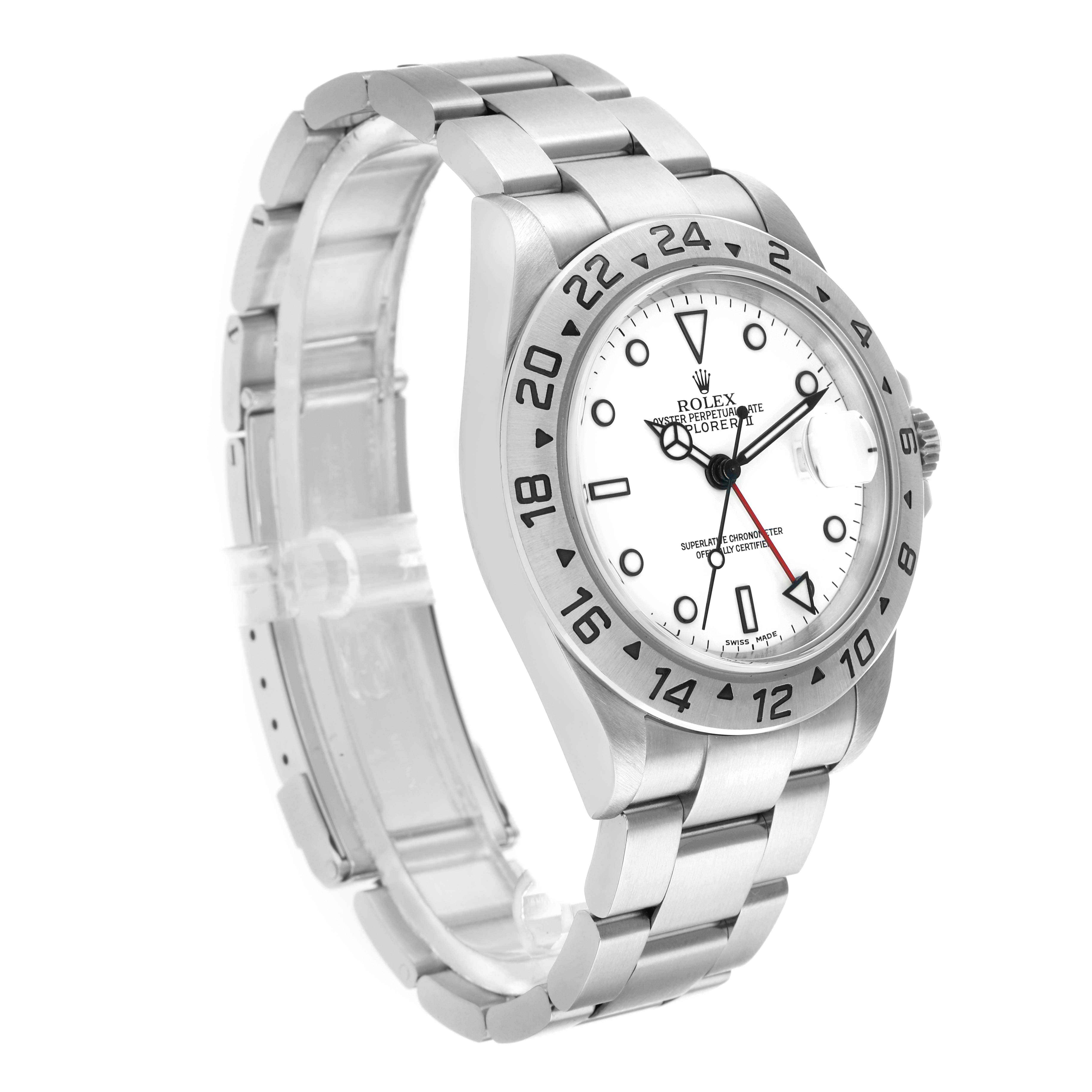 The Rolex Explorer 16570 Men
s Stainless Steel White Dial model is shown at a three-quarter angle, highlighting the white dial, bezel, and metal bracelet.