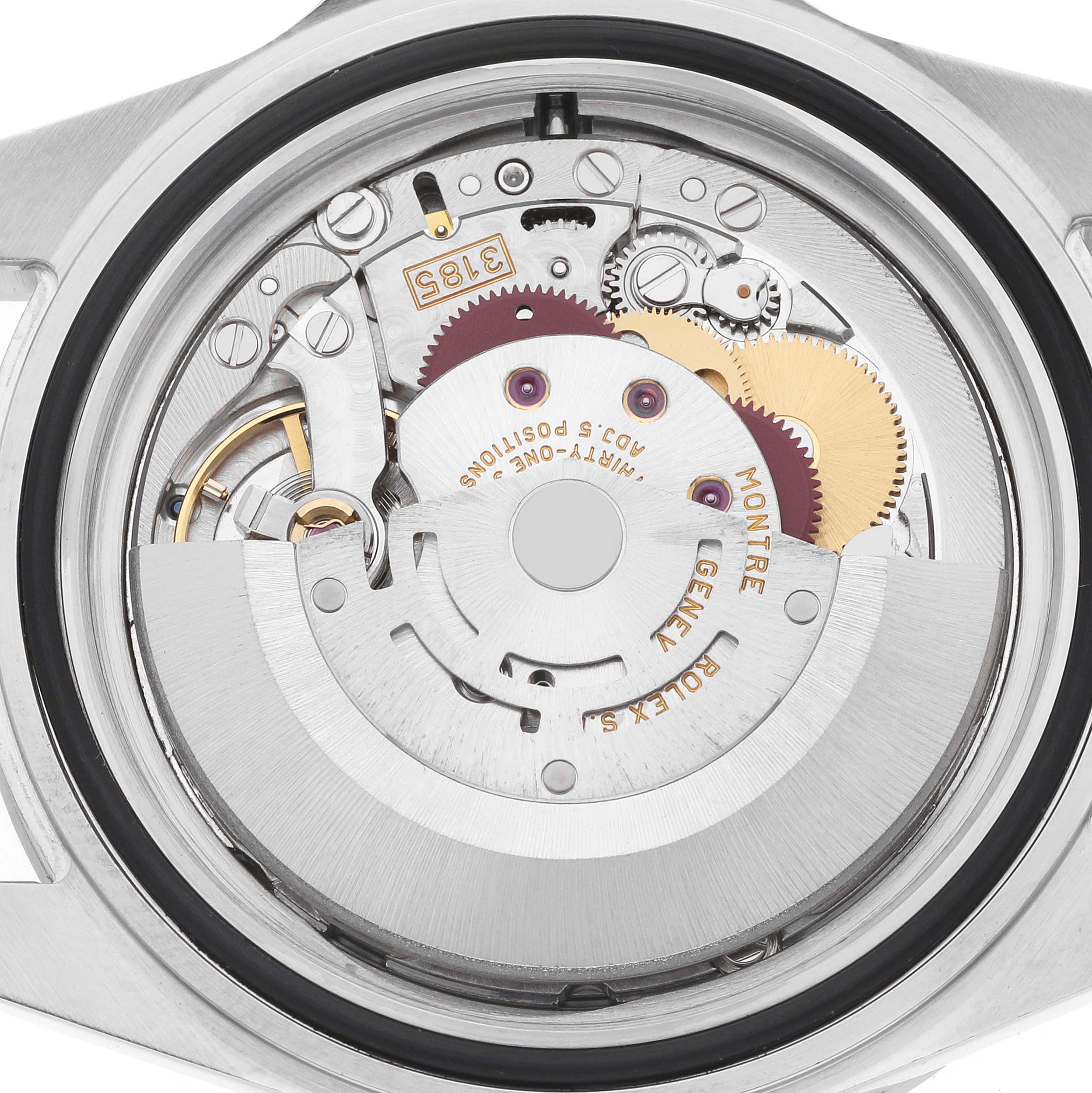 This image shows the movement and internal components of a Rolex Explorer 16570 Men
s Stainless Steel White Dial watch from a top-down view.
