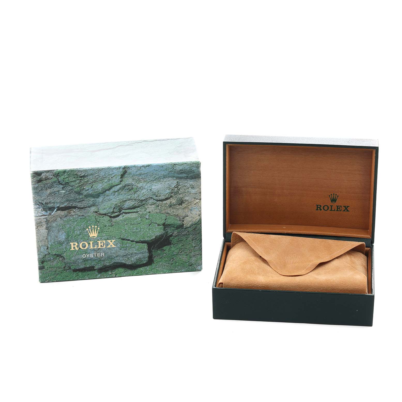 The image shows a Rolex Explorer 16570 Men
s Stainless Steel White Dial box with its lid open, displaying a brown pouch inside.