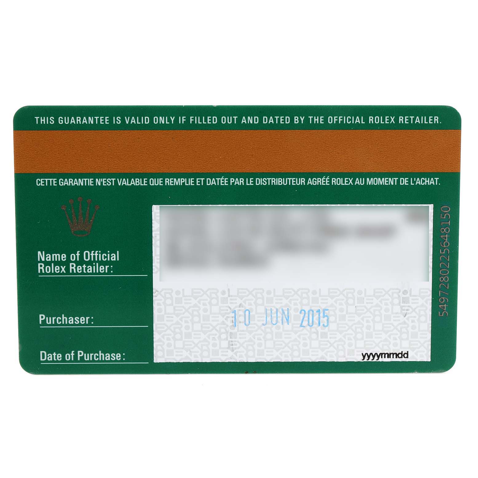 The image shows an official guarantee card for a Rolex GMT-Master 116710 Men
s Stainless Steel Black Dial 116710 Men
s Stainless Steel Black Dial watch, displaying the retailer, purchaser, and date of purchase information.