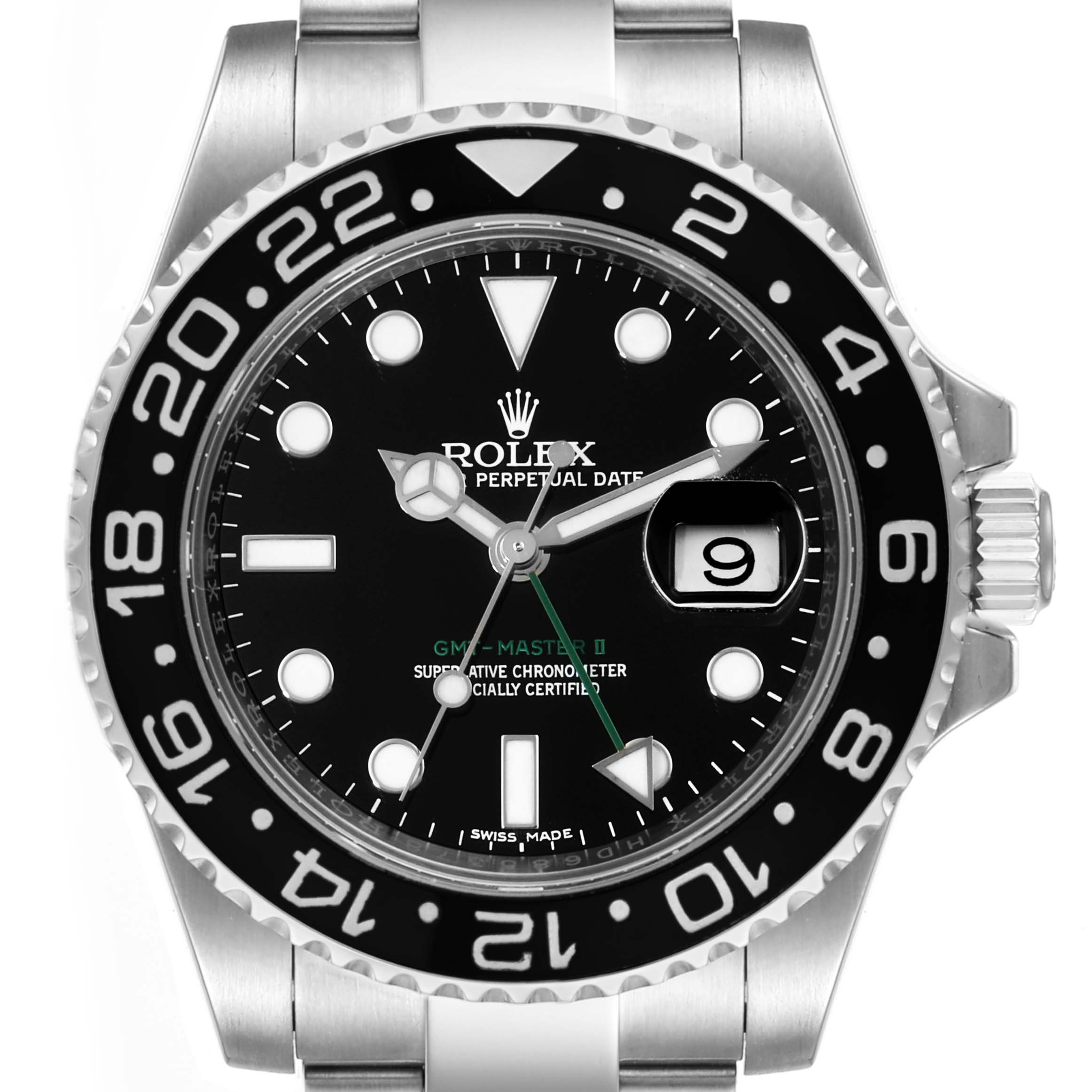 Front view of a Rolex GMT-Master 116710 Men
s Stainless Steel Black Dial 116710 Men
s Stainless Steel Black Dial watch showing the bezel, dial, hands, markers, and date window.