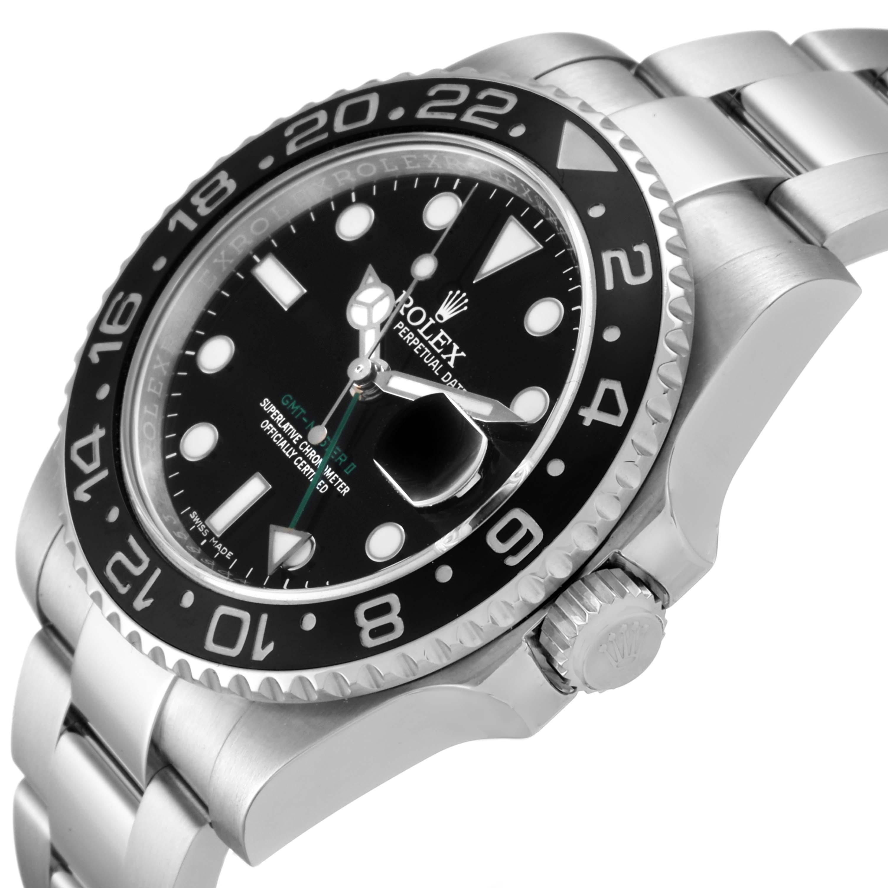 The image shows a Rolex GMT-Master 116710 Men
s Stainless Steel Black Dial 116710 Men
s Stainless Steel Black Dial watch from a side angle, highlighting the bezel, dial, crown, and part of the bracelet.