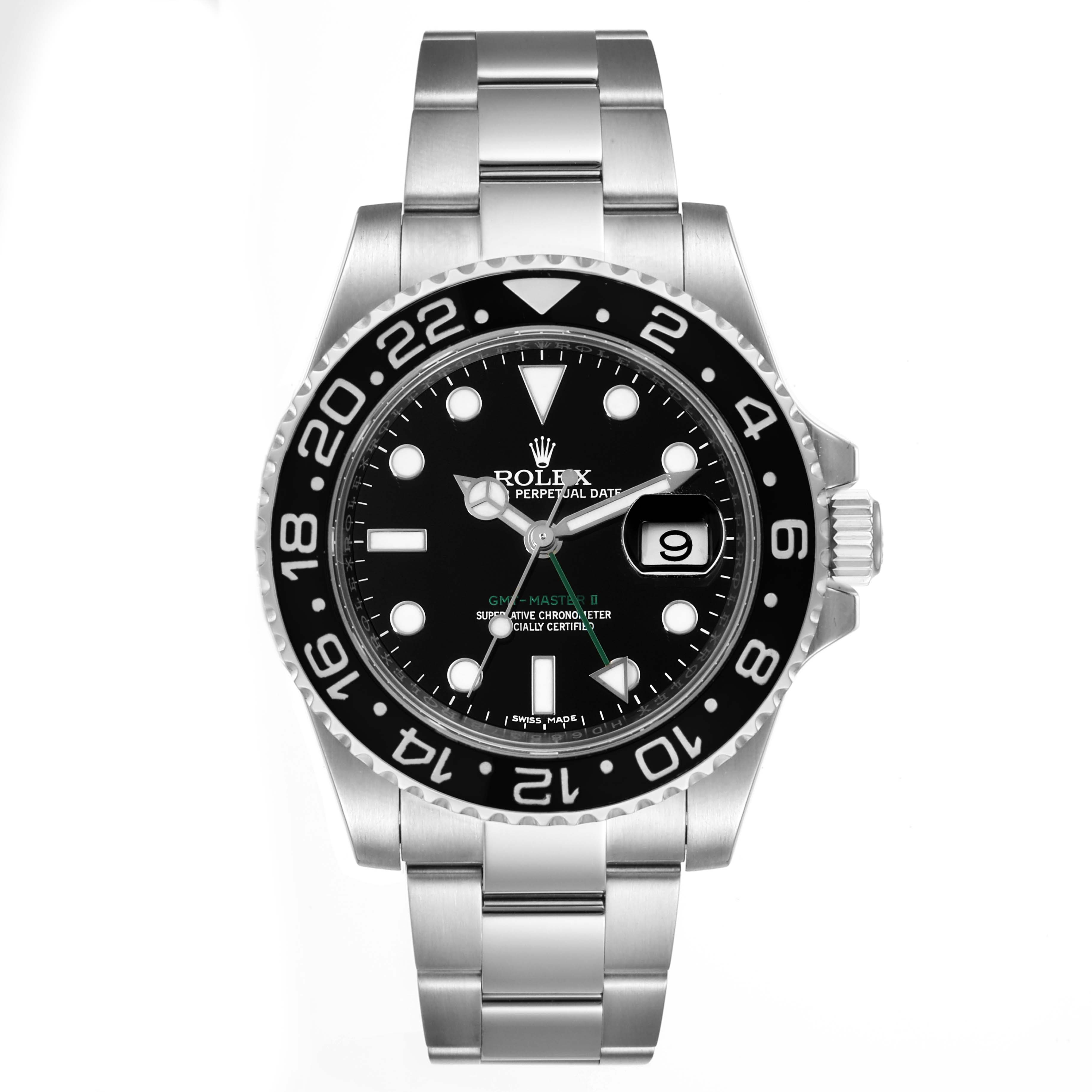 This image shows a front view of a Rolex GMT-Master 116710 Men
s Stainless Steel Black Dial 116710 Men
s Stainless Steel Black Dial watch, highlighting its black dial, bezel, and stainless steel bracelet.