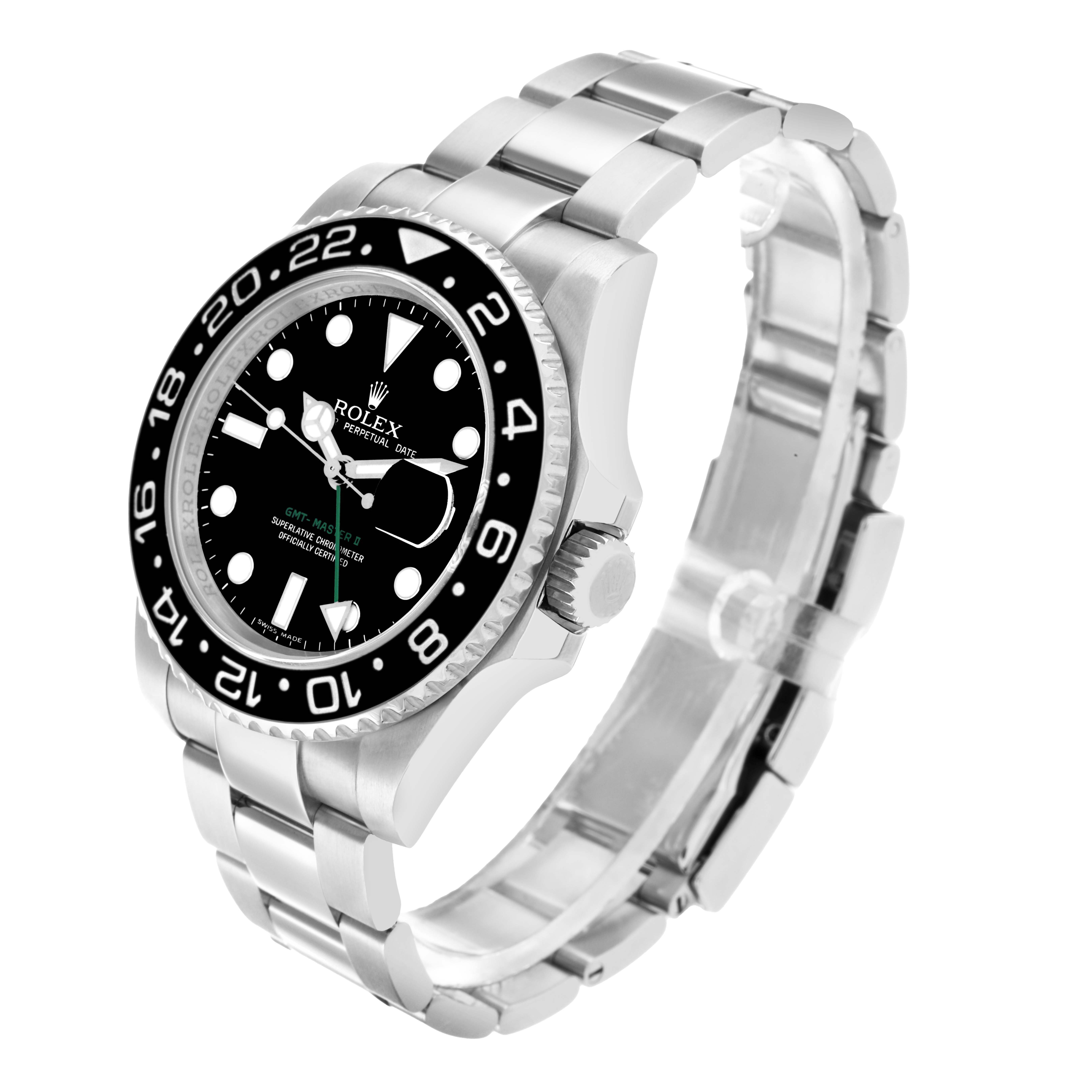 The Rolex GMT-Master 116710 Men
s Stainless Steel Black Dial watch is shown from an angled side view, highlighting the bezel, crown, and bracelet.