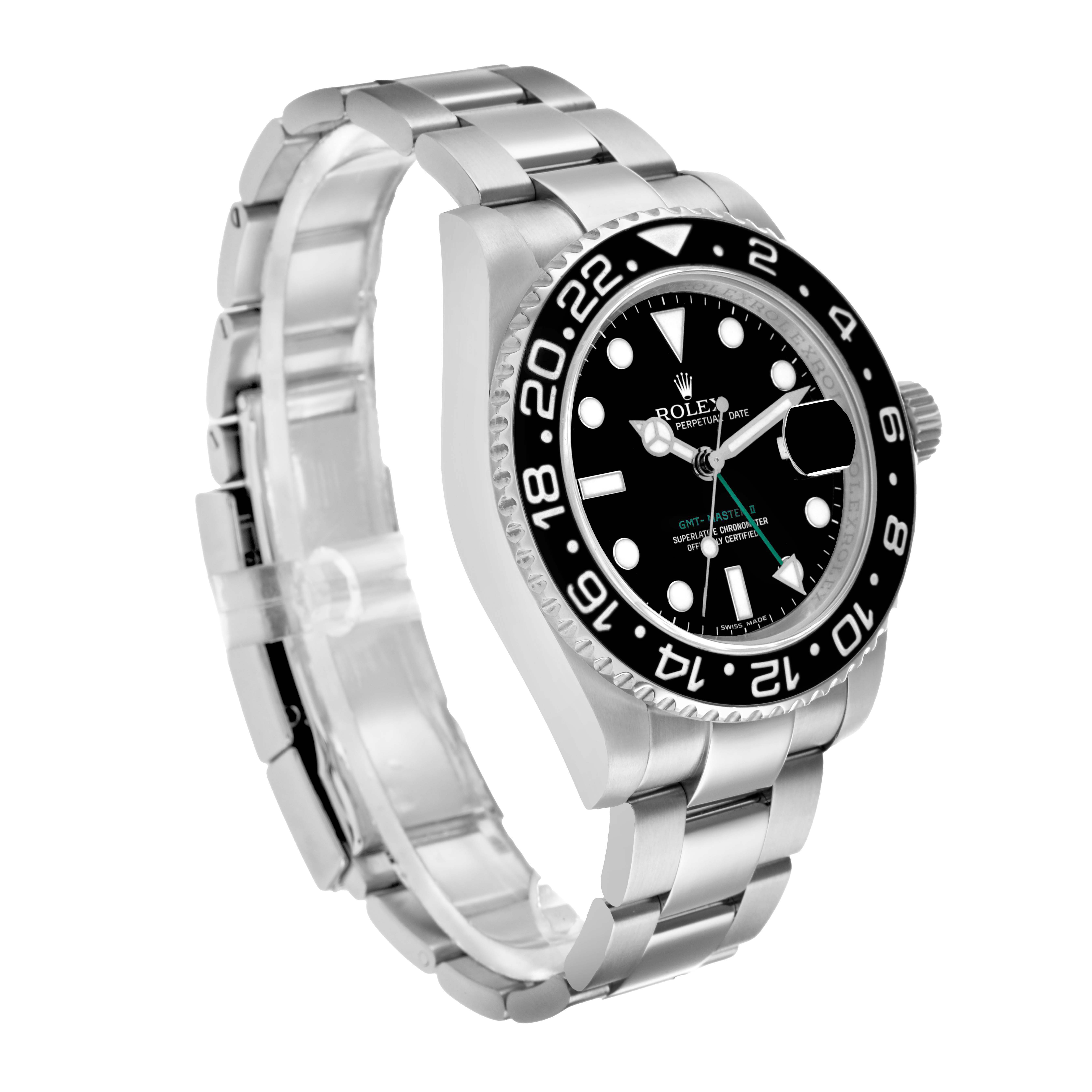 The Rolex GMT-Master 116710 Men
s Stainless Steel Black Dial watch is shown at a three-quarter angle, displaying the bezel, face, and bracelet.