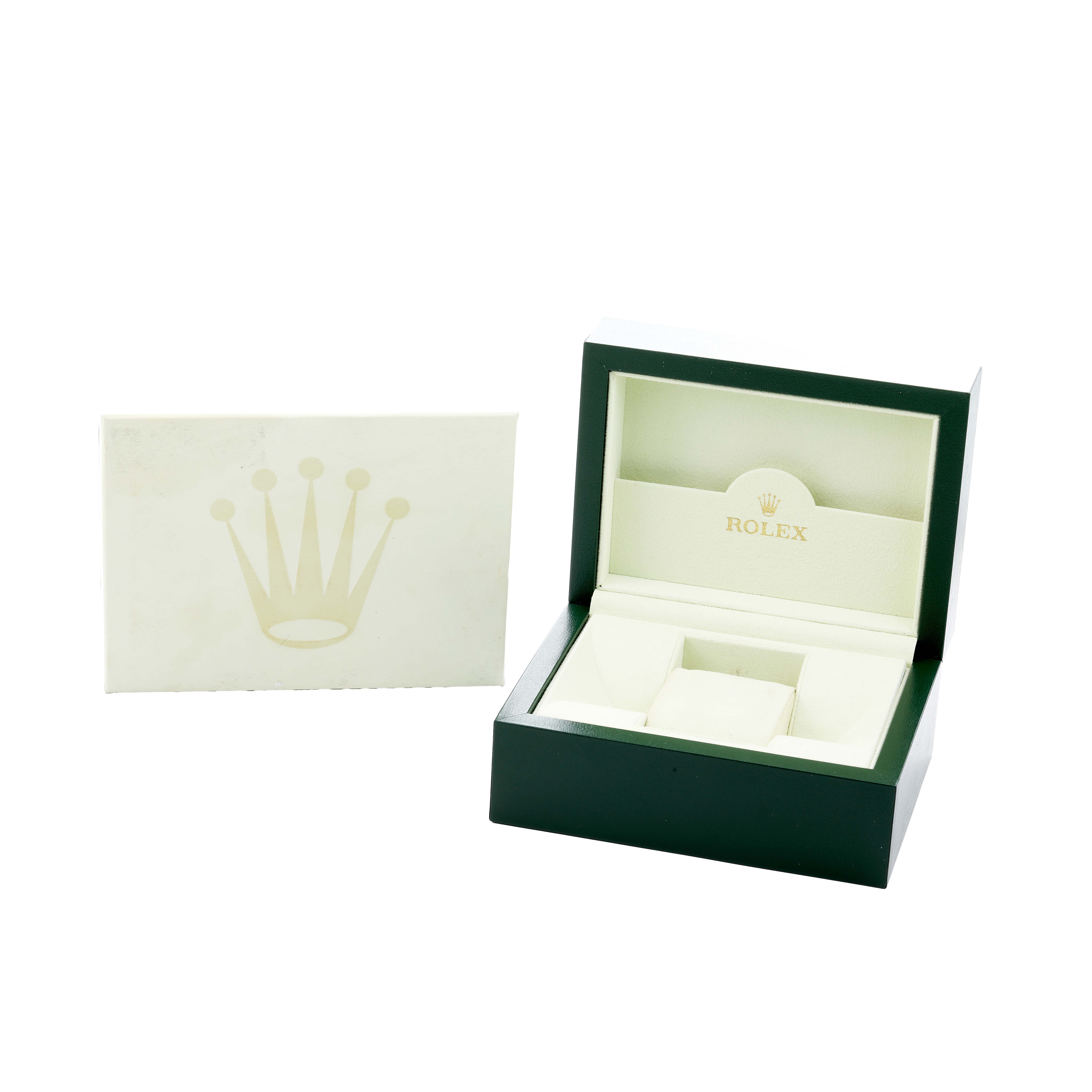 The image shows the open box and card for the Rolex GMT-Master 116710 Men
s Stainless Steel Black Dial watch, viewed from a front angle.