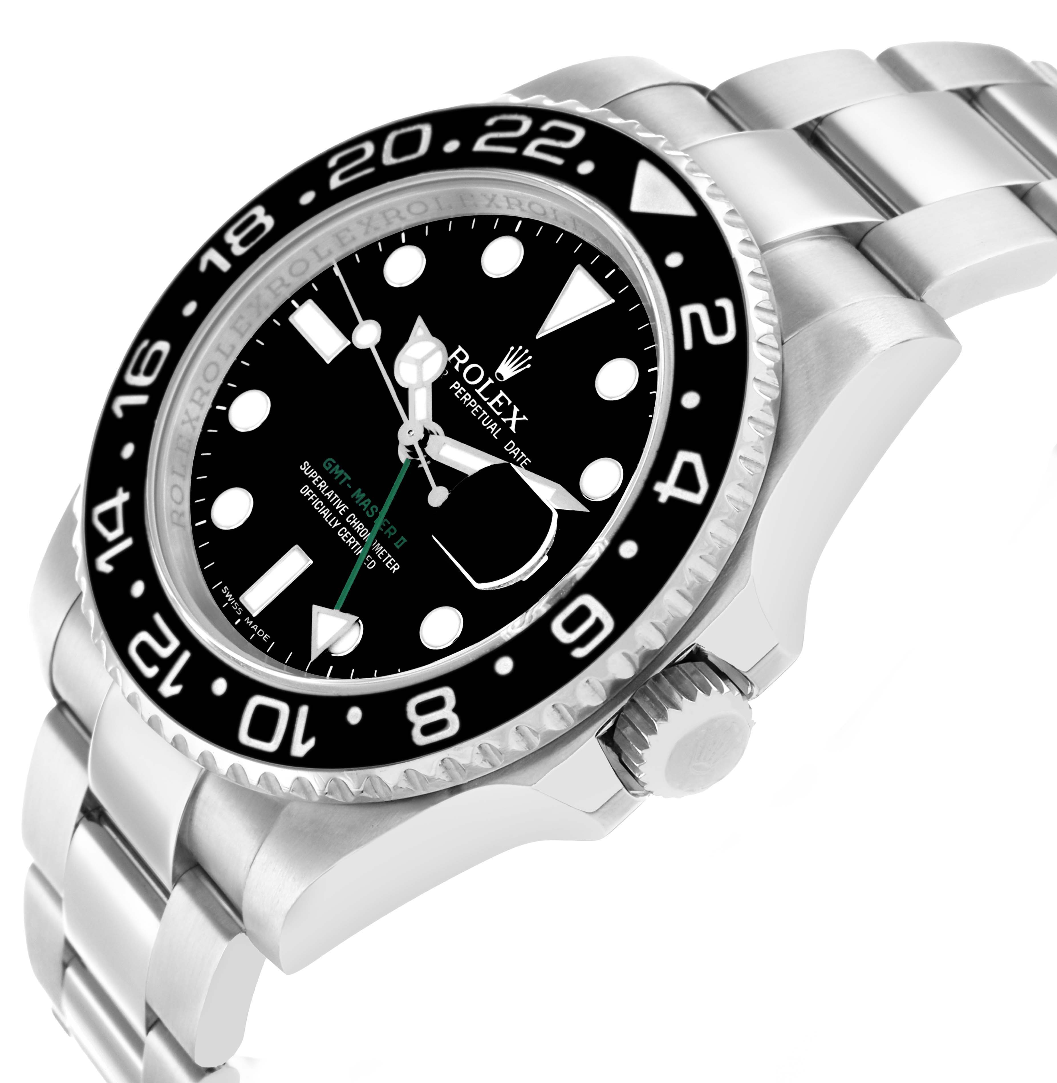 The Rolex GMT-Master 116710 Men
s Stainless Steel Black Dial watch is shown in a three-quarter view highlighting the bezel, crown, and part of the bracelet.