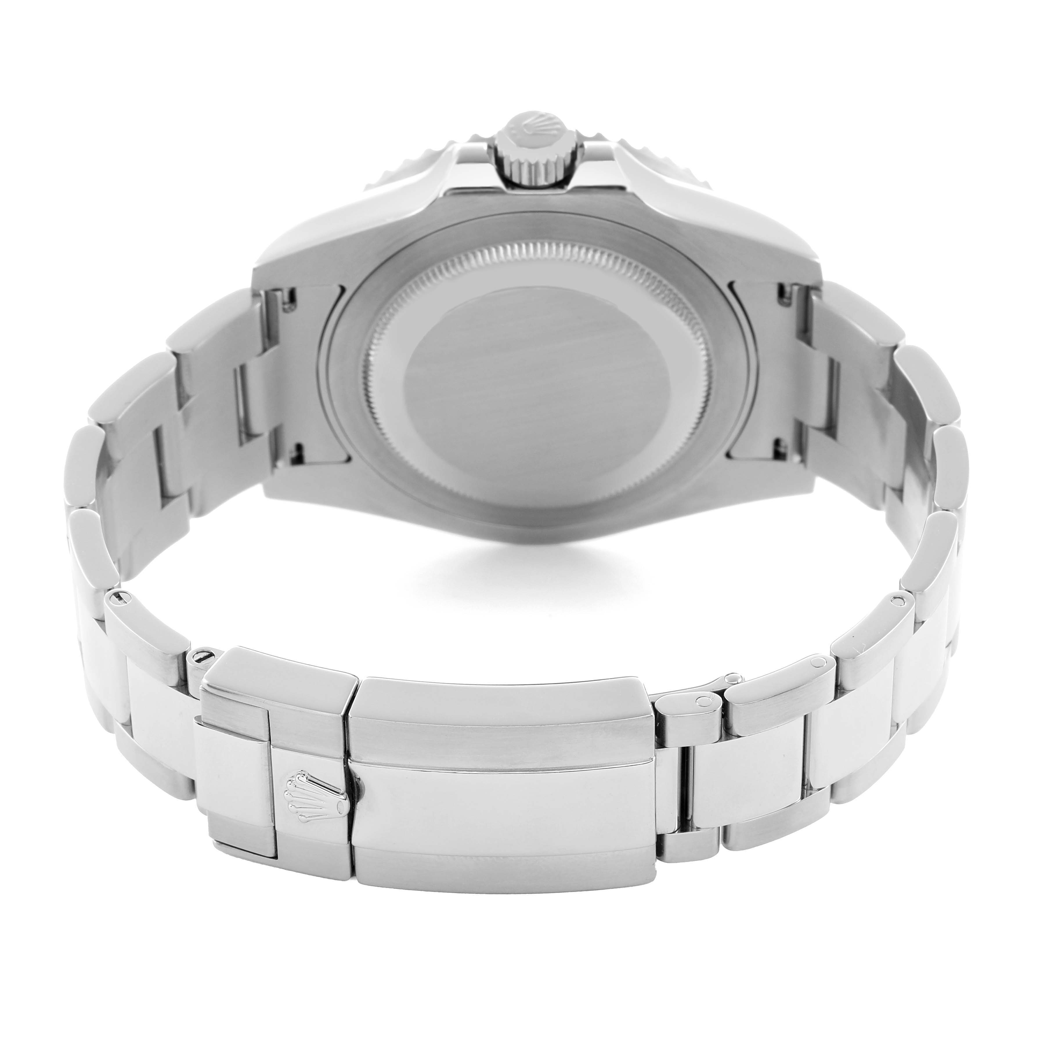 The image shows the back case and bracelet clasp of a Rolex GMT-Master 116710 Men
s Stainless Steel Black Dial, viewed from the rear.