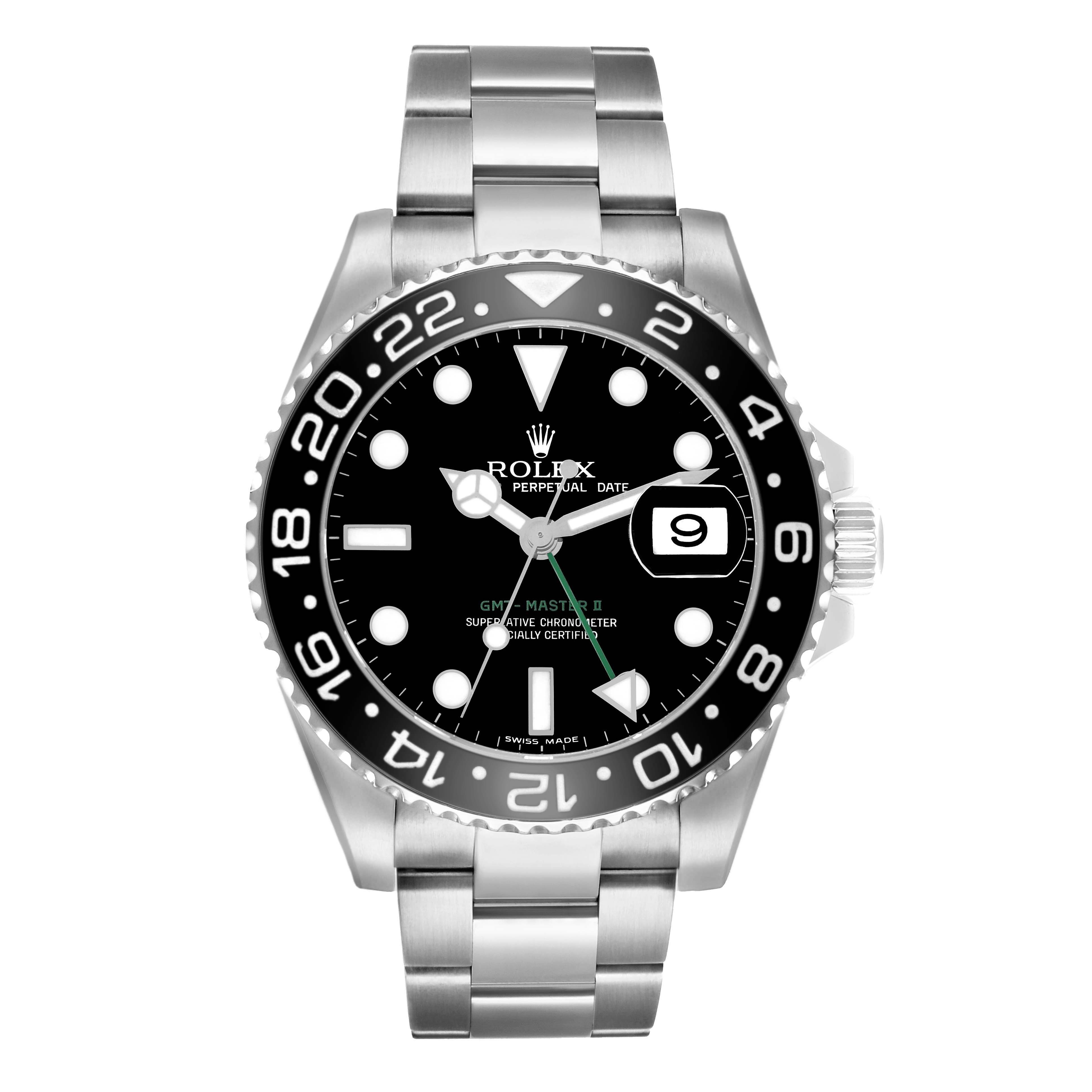 The Rolex GMT-Master 116710 Men
s Stainless Steel Black Dial watch is shown from a front angle, highlighting the dial, bezel, hands, and bracelet.