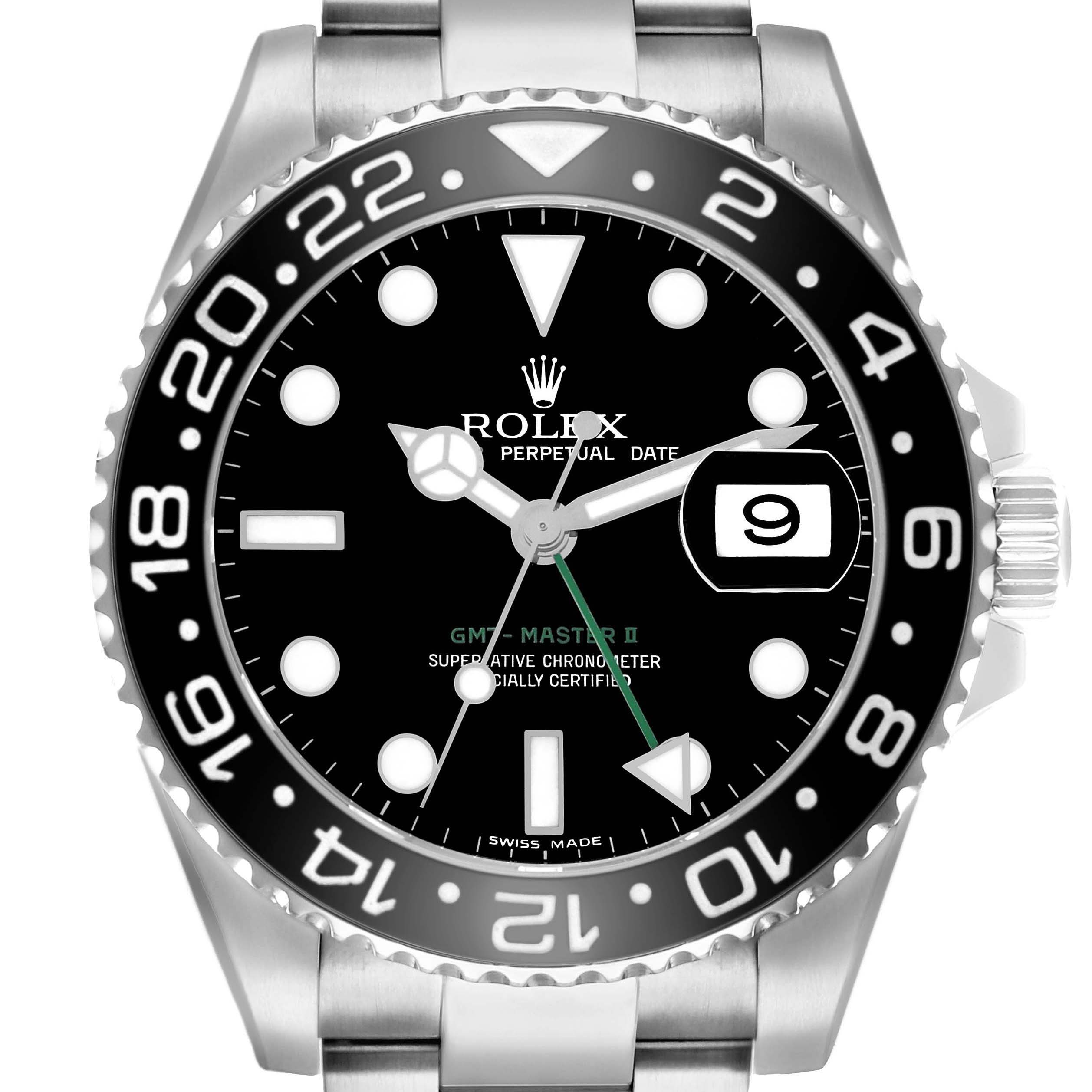The Rolex GMT-Master 116710 Men
s Stainless Steel Black Dial II is shown from a front angle, displaying the dial, bezel, and part of the bracelet.