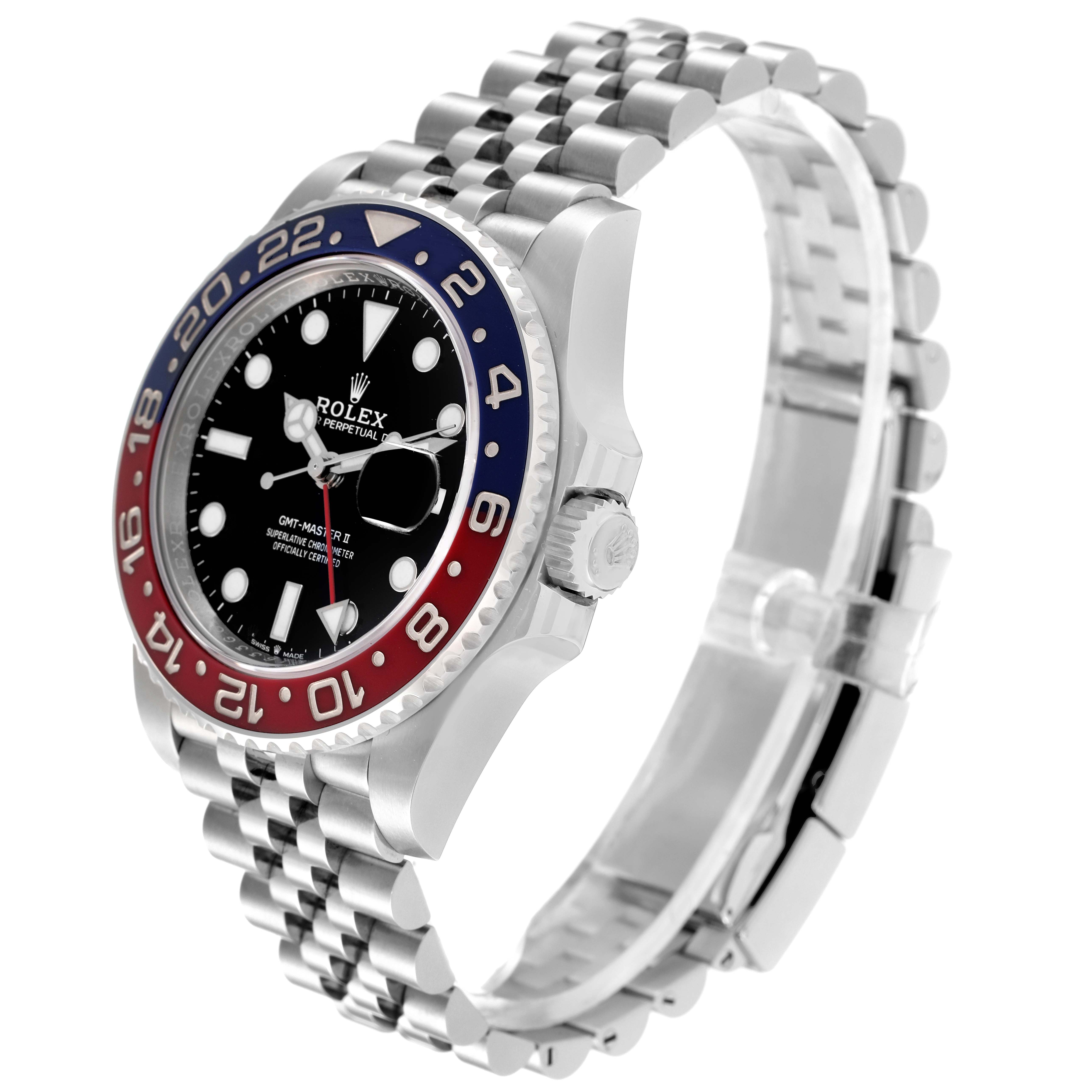 The image shows a Rolex GMT-Master 126710 Men's Stainless Steel Black Dial 126710 Men's Stainless Steel Black Dial II watch with a "Pepsi" bezel and a Jubilee bracelet from a three-quarter front angle.
