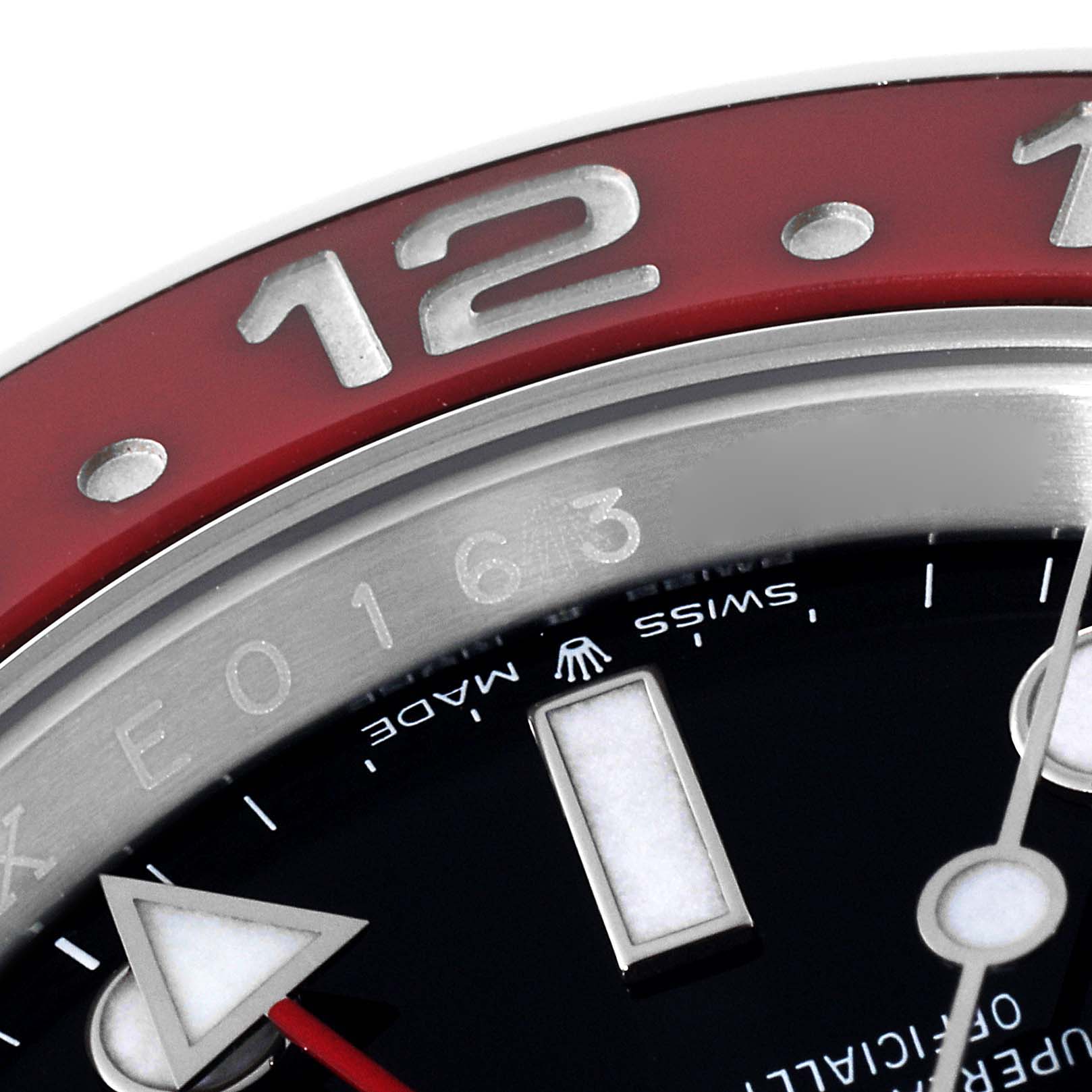 This close-up angle of the Rolex GMT-Master 126710 Men's Stainless Steel Black Dial 126710 Men's Stainless Steel Black Dial watch shows the bezel, 12-hour marker, and part of the dial with visible hands and markers.