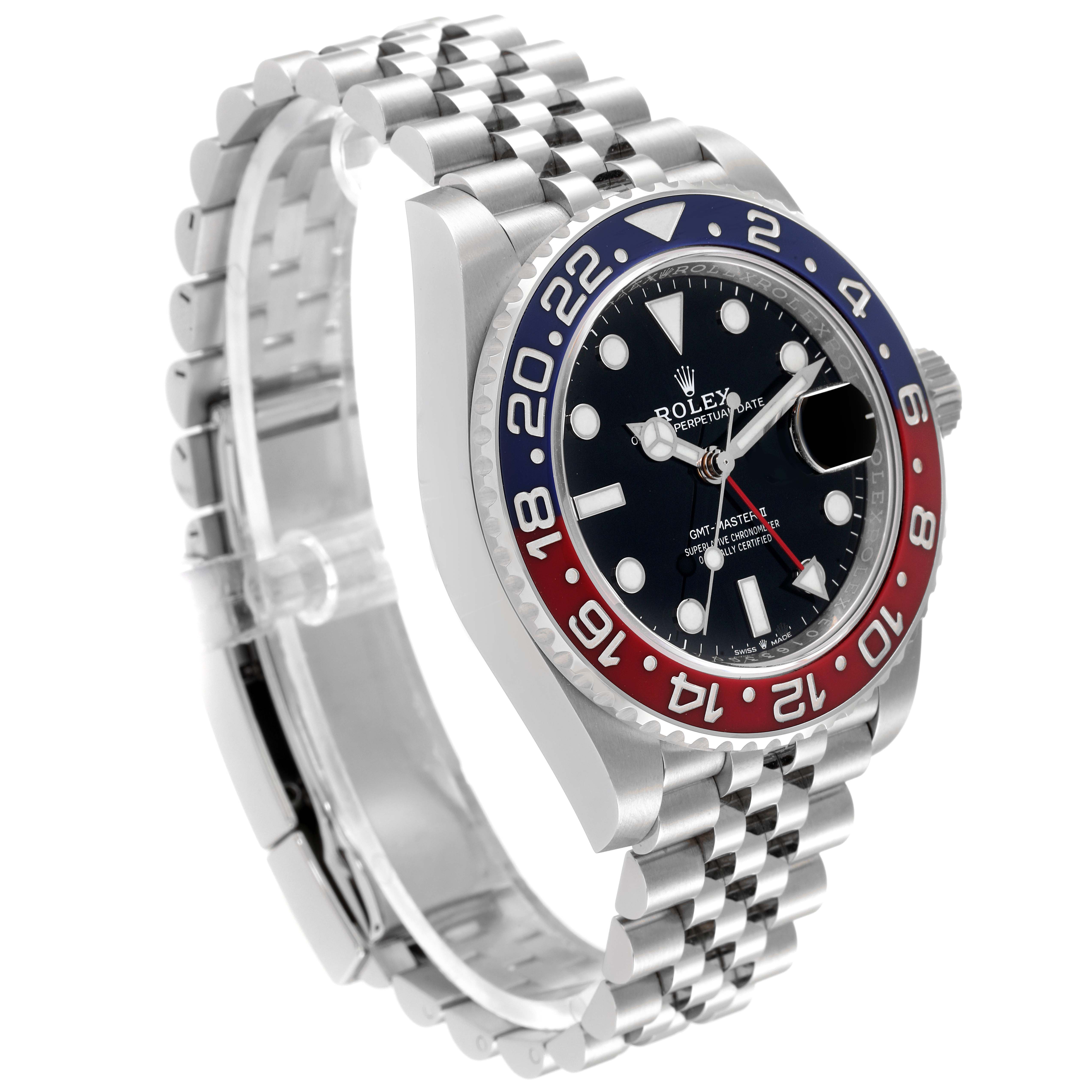 This Rolex GMT-Master 126710 Men's Stainless Steel Black Dial 126710 Men's Stainless Steel Black Dial watch is shown from a three-quarter angle, displaying its bezel, face, crown, and Jubilee bracelet.