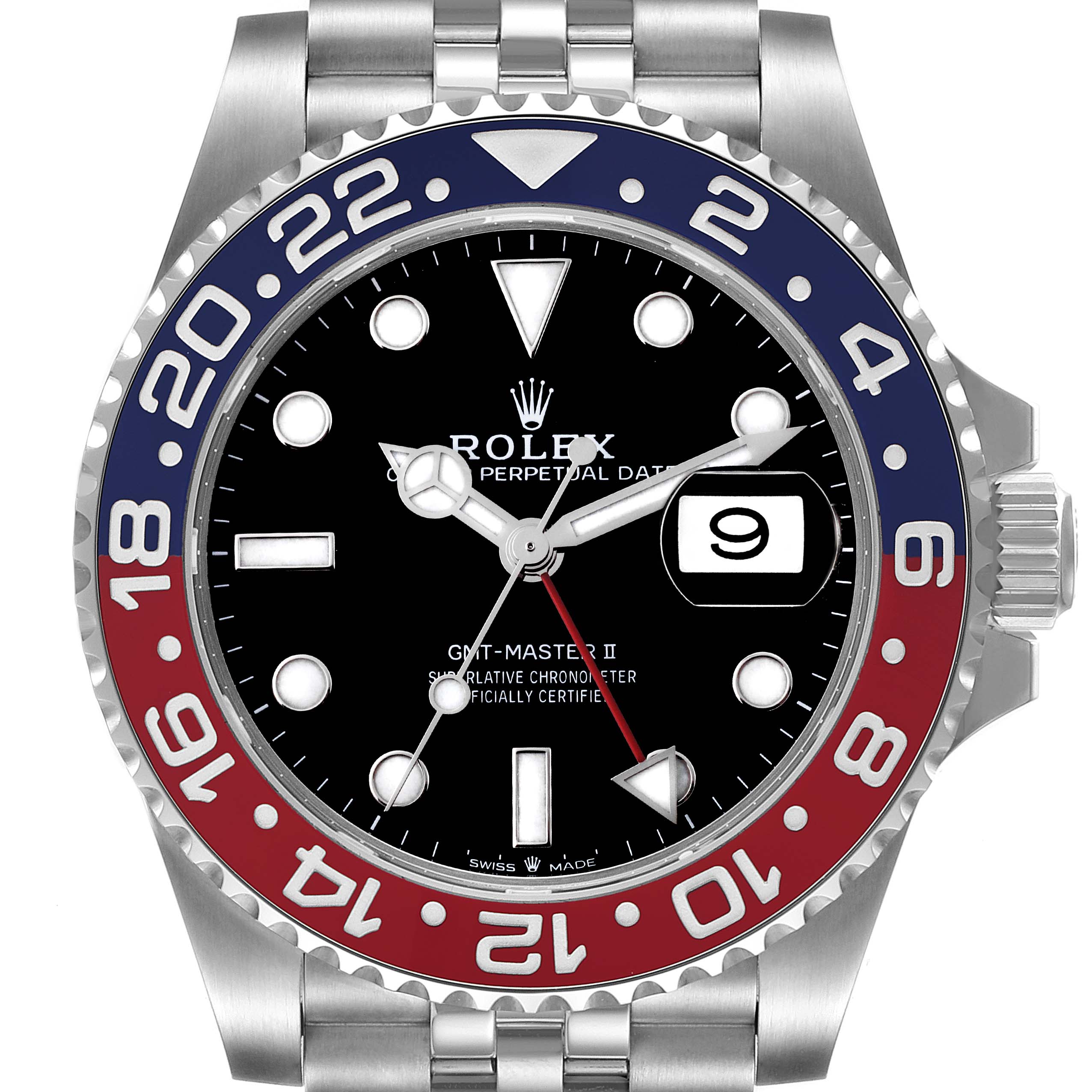 The image shows a front angle of the Rolex GMT-Master 126710 Men's Stainless Steel Black Dial 126710 Men's Stainless Steel Black Dial II watch, highlighting its bezel, dial, hands, and date display.