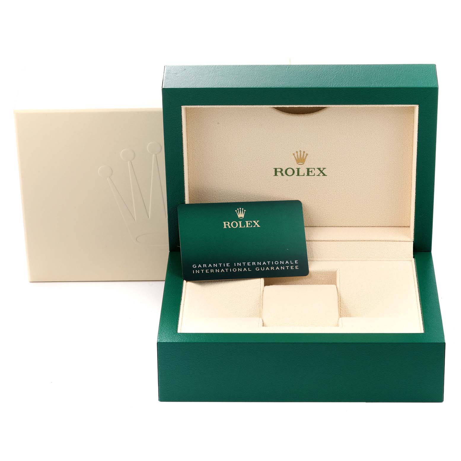 The image shows the open green box and international guarantee card for a Rolex GMT-Master 126710 Men's Stainless Steel Black Dial 126710 Men's Stainless Steel Black Dial watch.