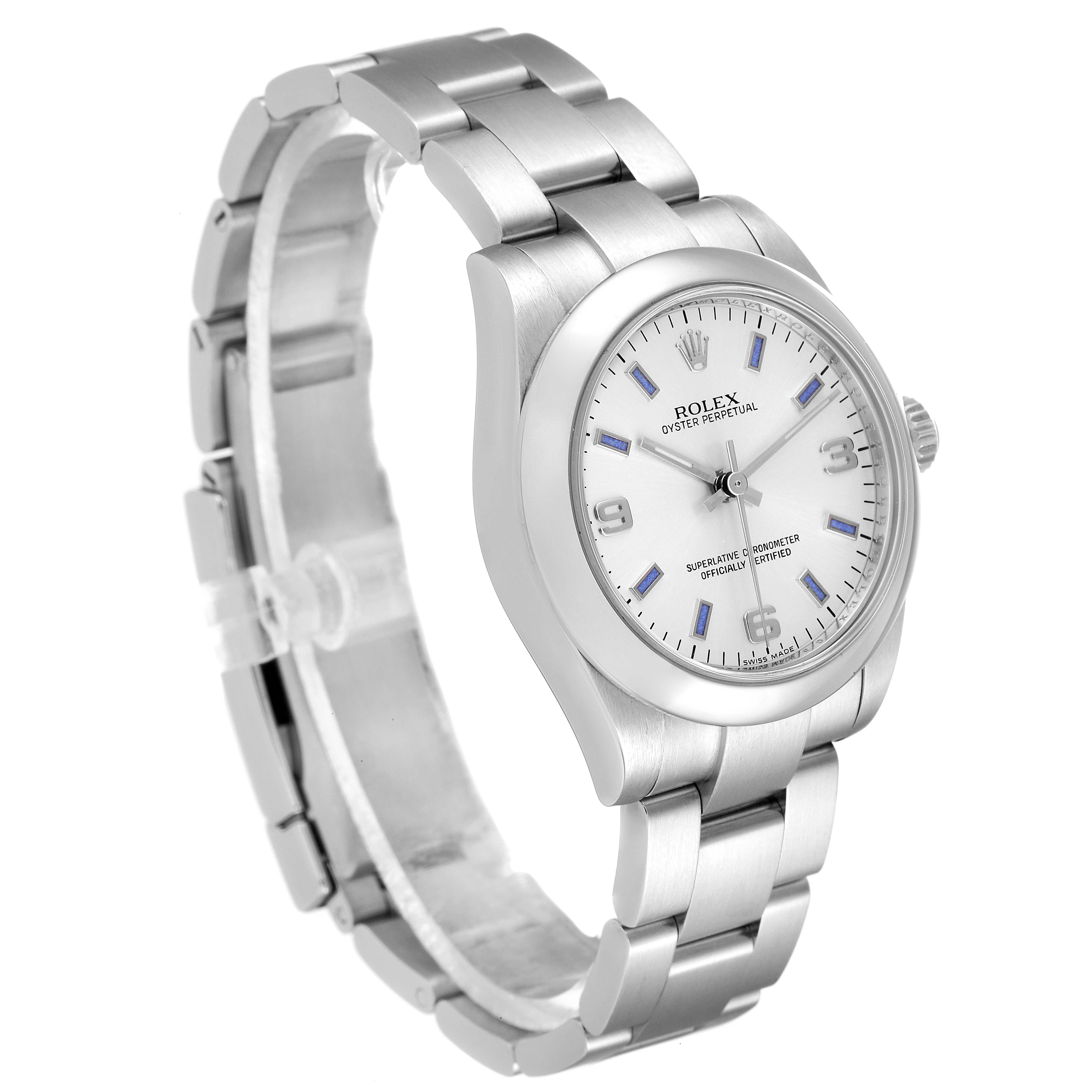 The image shows a Rolex Mid-Size 177200 Women
s Stainless Steel Silver Dial 177200 Women
s Stainless Steel Silver Dial Oyster Perpetual watch from a three-quarter angle, highlighting the bracelet, case, and dial.