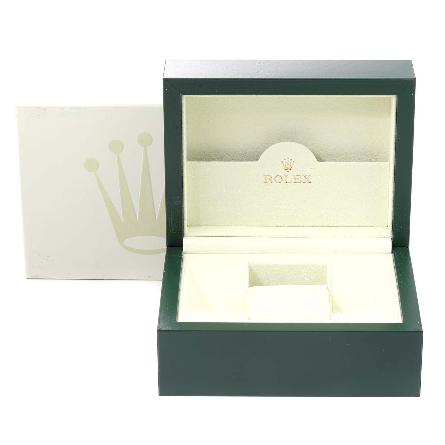 The image shows an open Rolex watch box for a Mid-Size model, revealing the interior cushion and storage compartment.