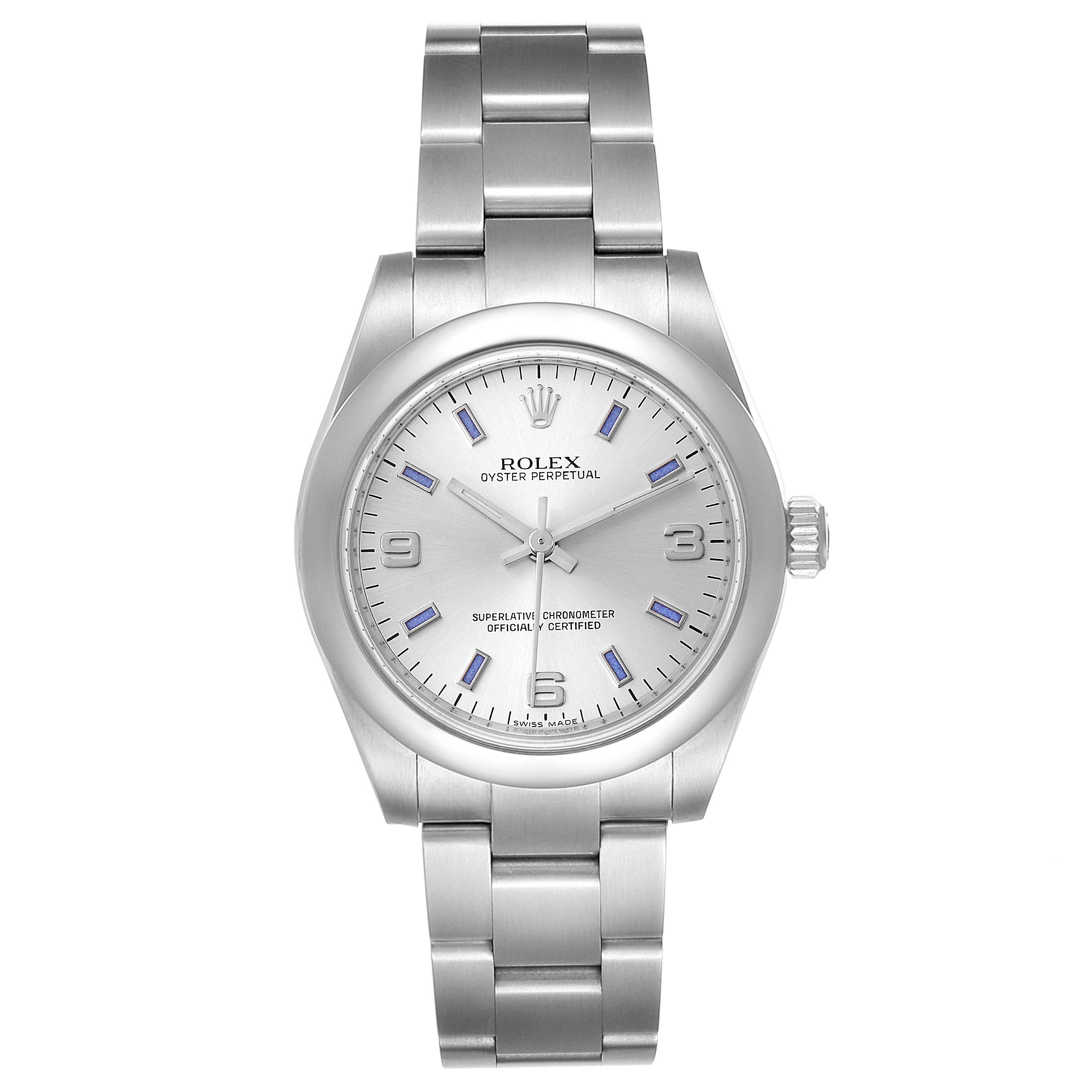 This image shows a front view of a Rolex Oyster Perpetual Mid-Size watch, displaying its dial, bezel, and bracelet.